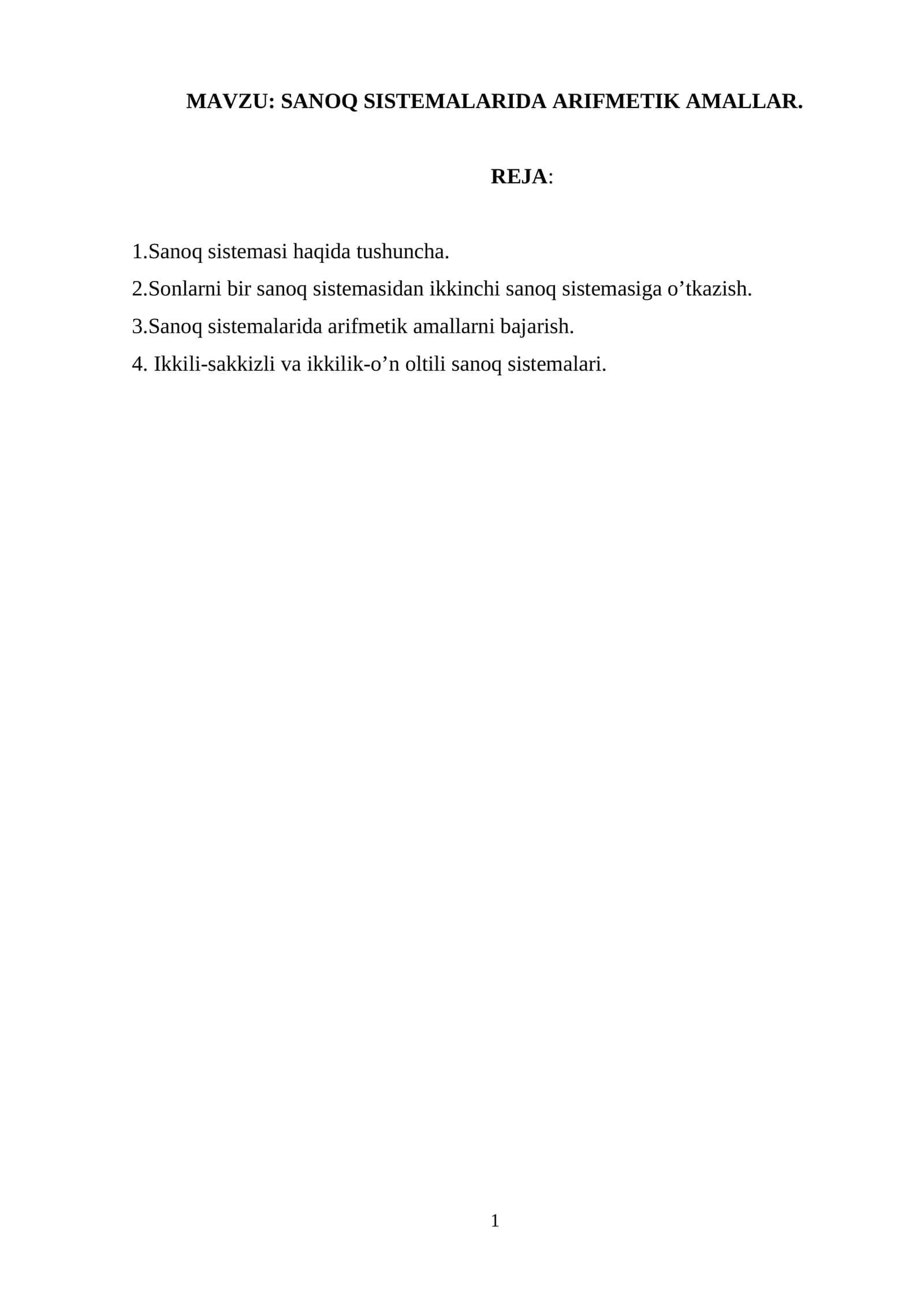 SANOQ SISTEMALARIDA ARIFMETIK AMALLAR