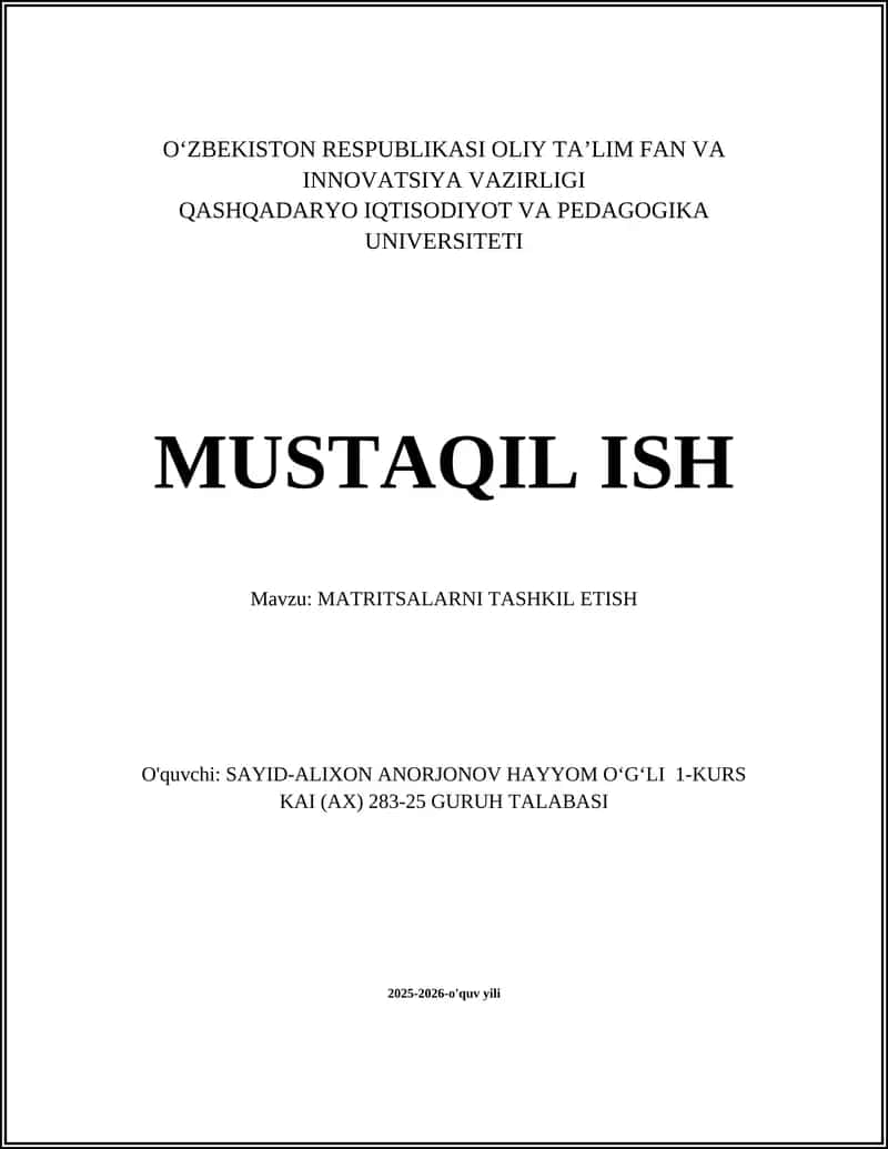 MATRITSALARNI TASHKIL ETISH
