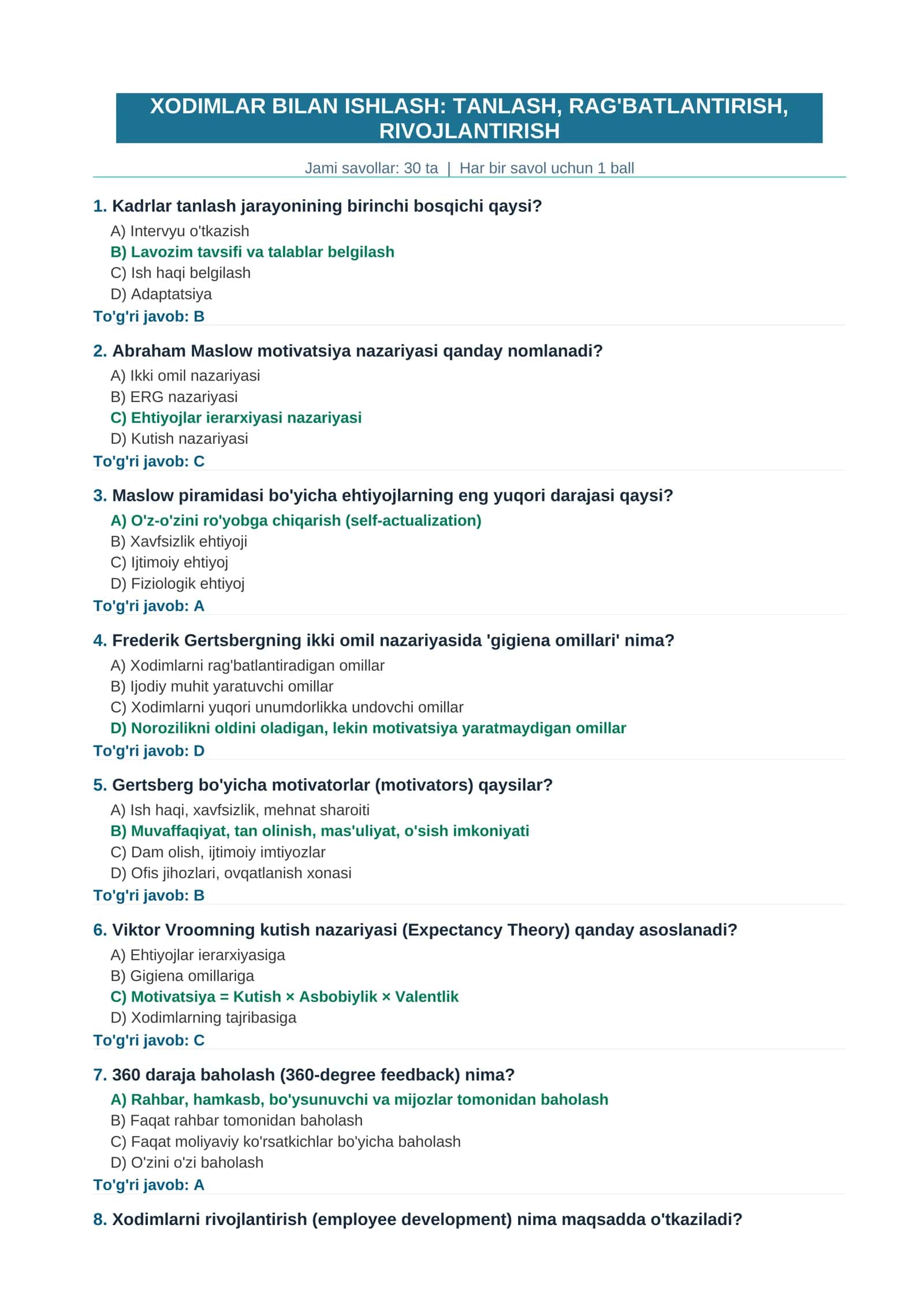 XODIMLAR BILAN ISHLASH: TANLASH, RAG'BATLANTIRISH, RIVOJLANTIRISH
