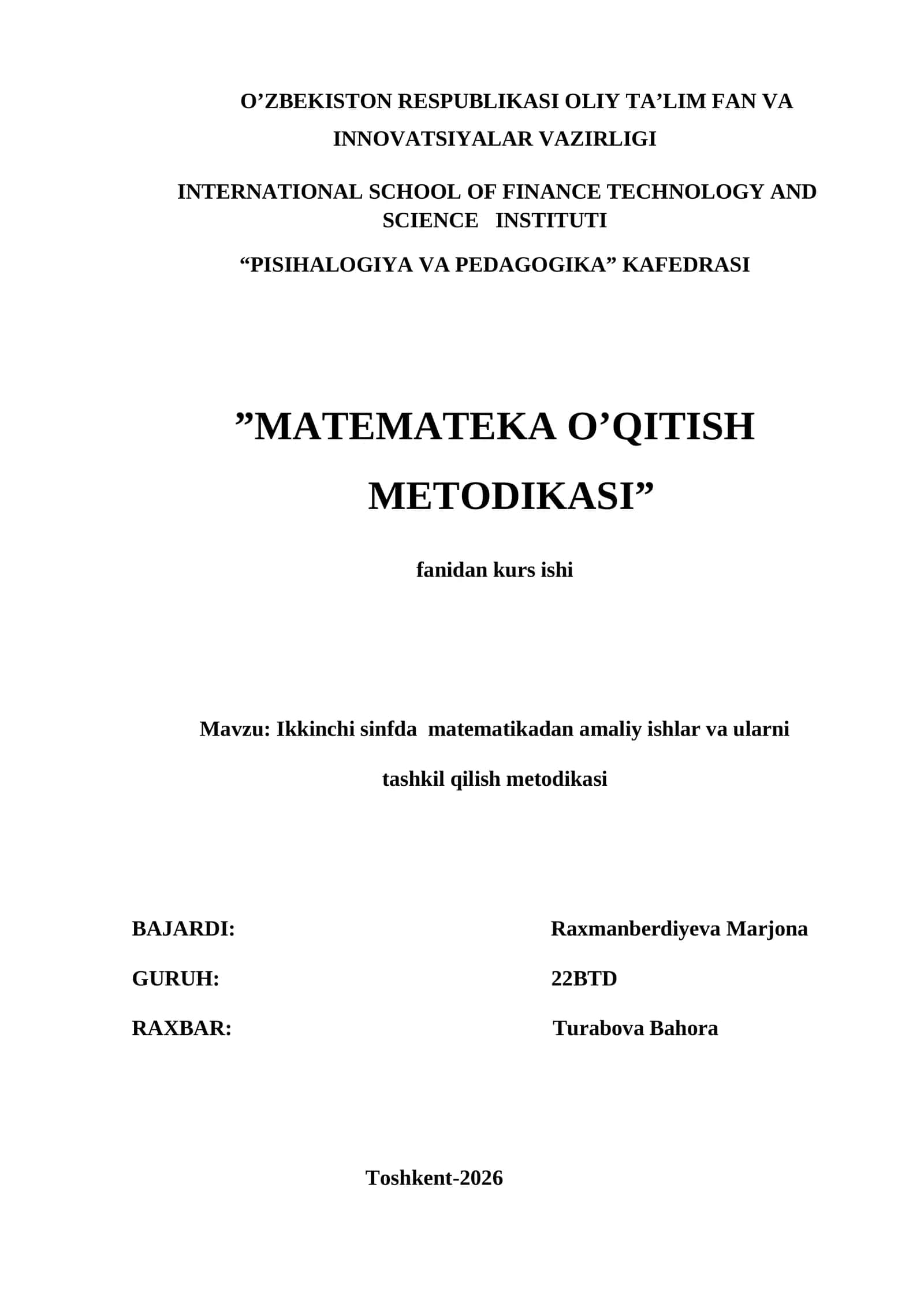 : Ikkinchi sinfda matematikadan amaliy ishlar va ularni tashkil qilish metodikasi. kurs ishi