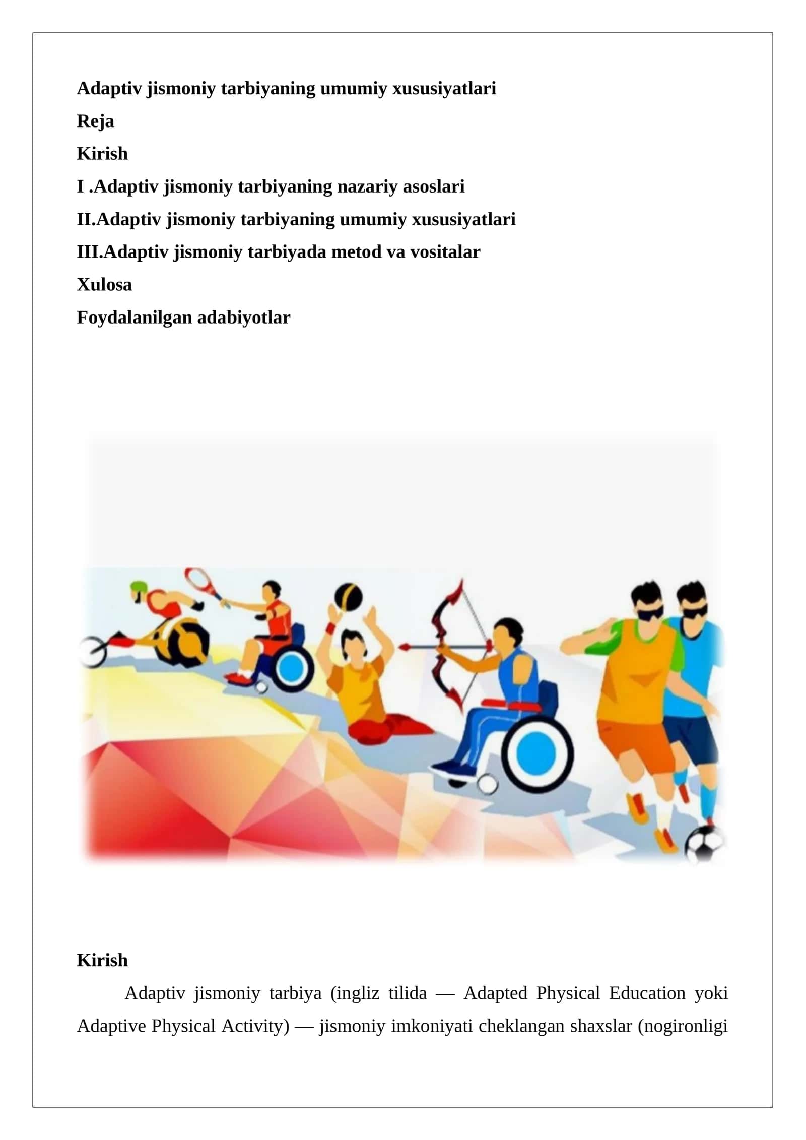 Adaptiv jismoniy tarbiyaning umumiy xususiyatlari