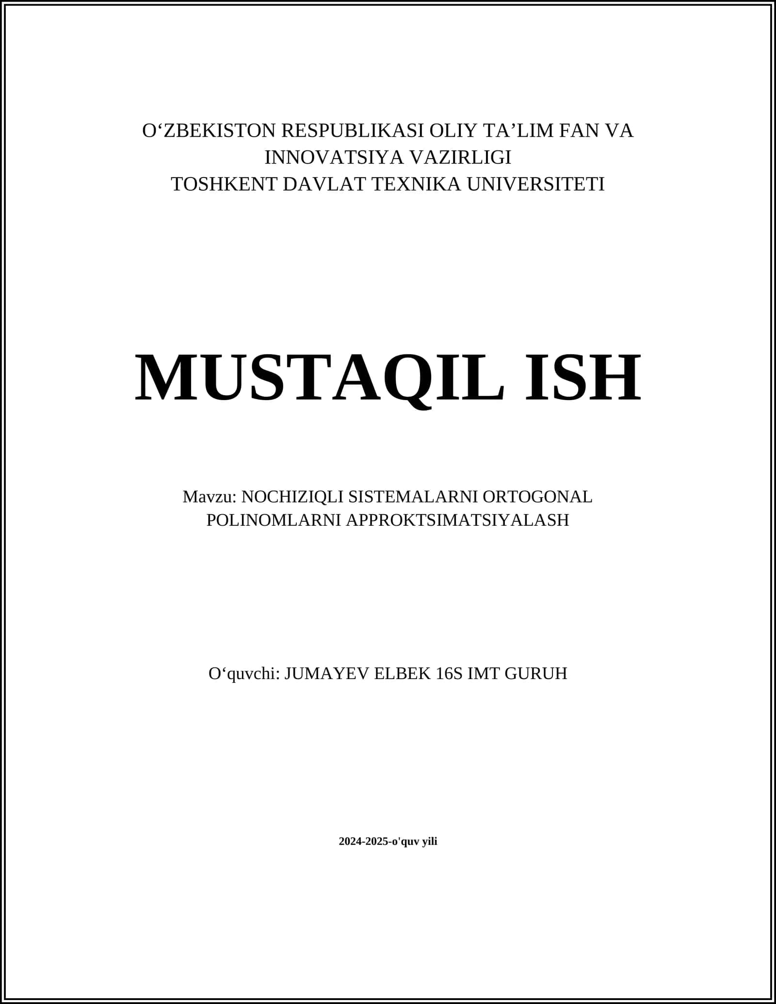NOCHIZIQLI SISTEMALARNI ORTOGONAL POLINOMLARNI APPROKTSIMATSIYALASH