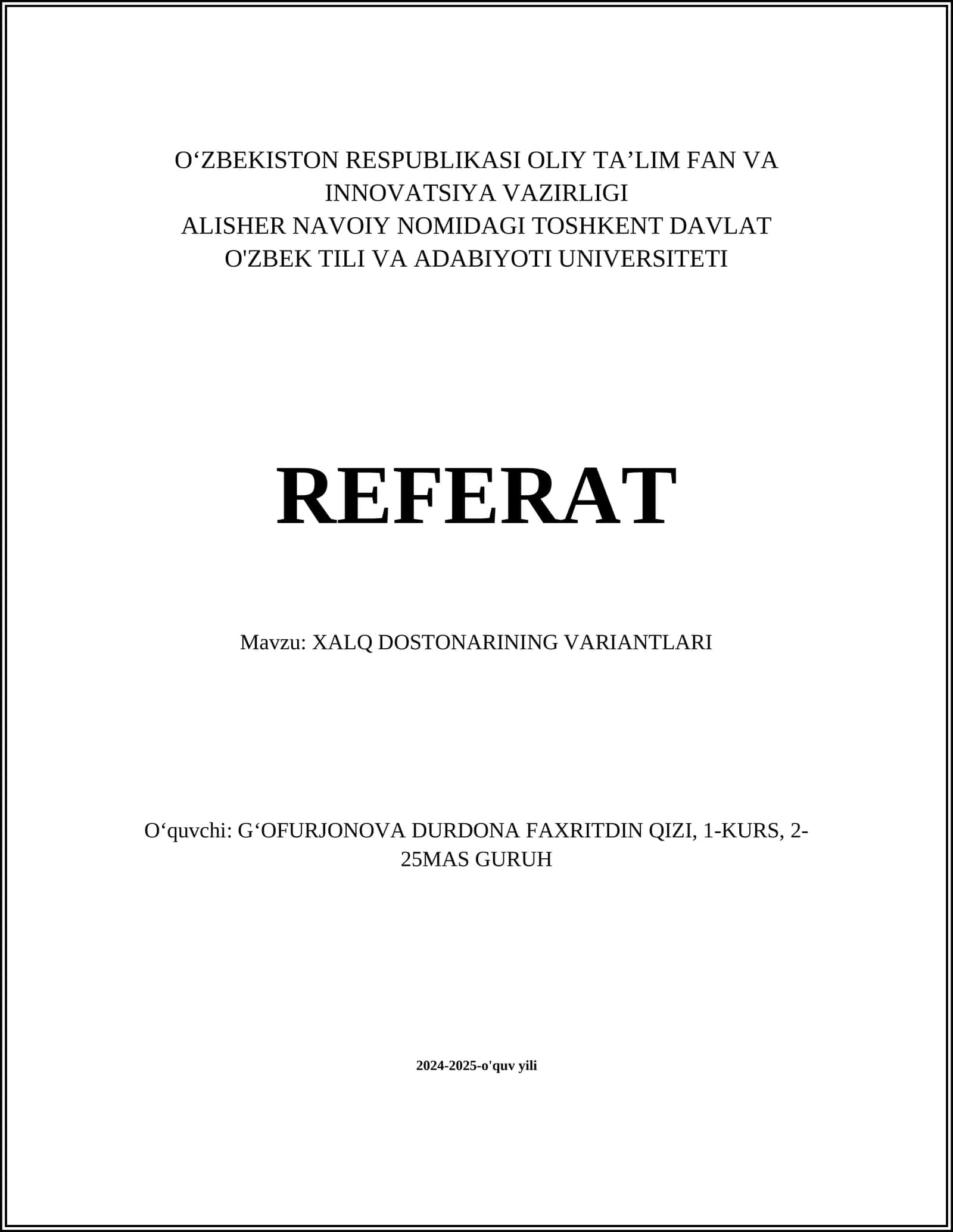 XALQ DOSTONARINING VARIANTLARI