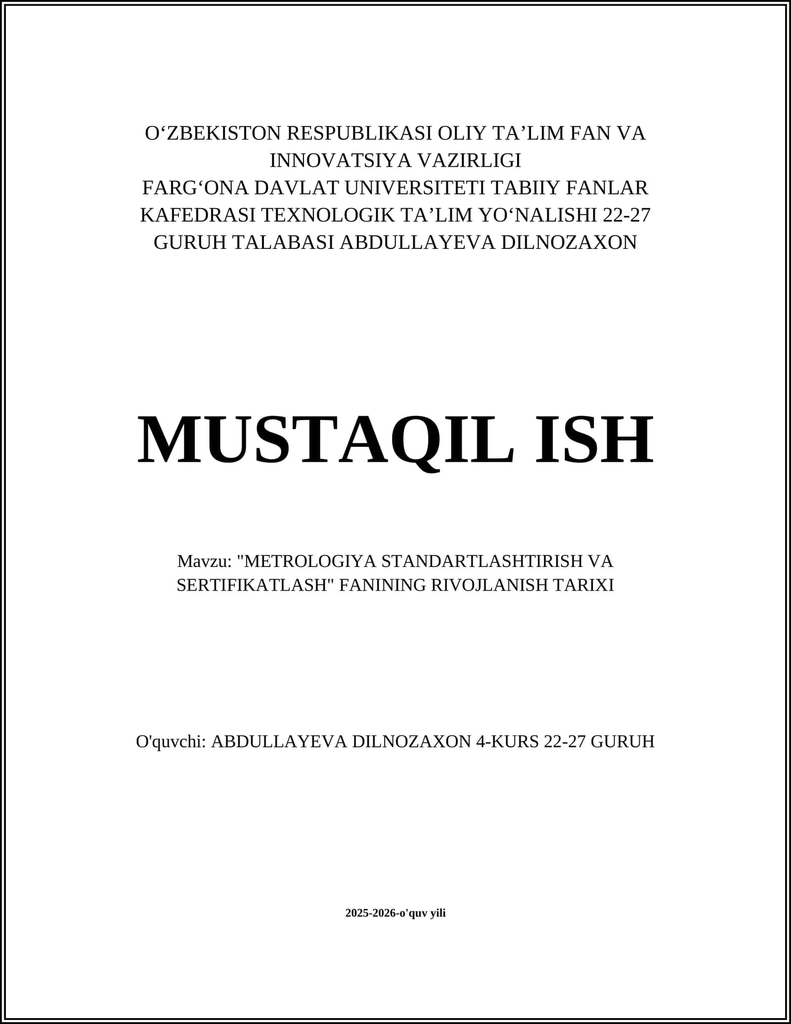 METROLOGIYA STANDARTLASHTIRISH VA SERTIFIKATLASH