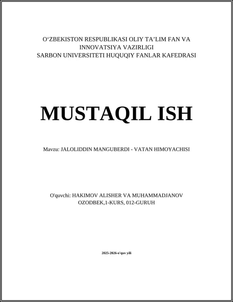 JALOLIDDIN MANGUBERDI - VATAN HIMOYACHISI