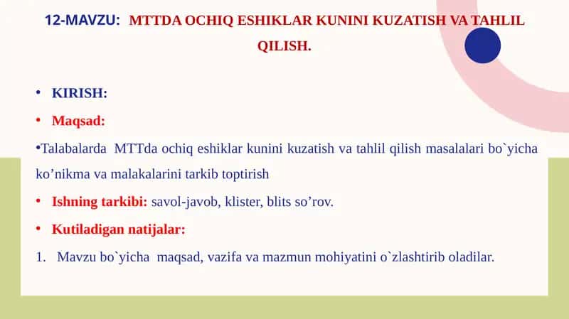MTTda ochiq eshiklar kunini kuzatish va tahlil qilish