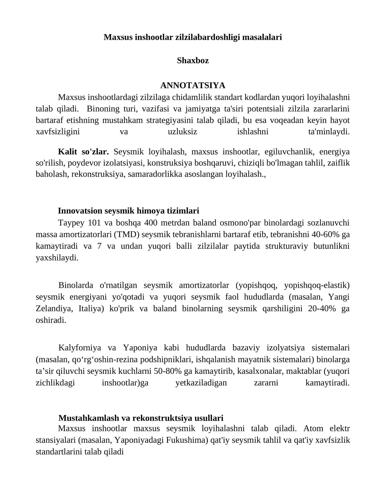 Maxsus inshootlar zilzilabardoshligi masalalari