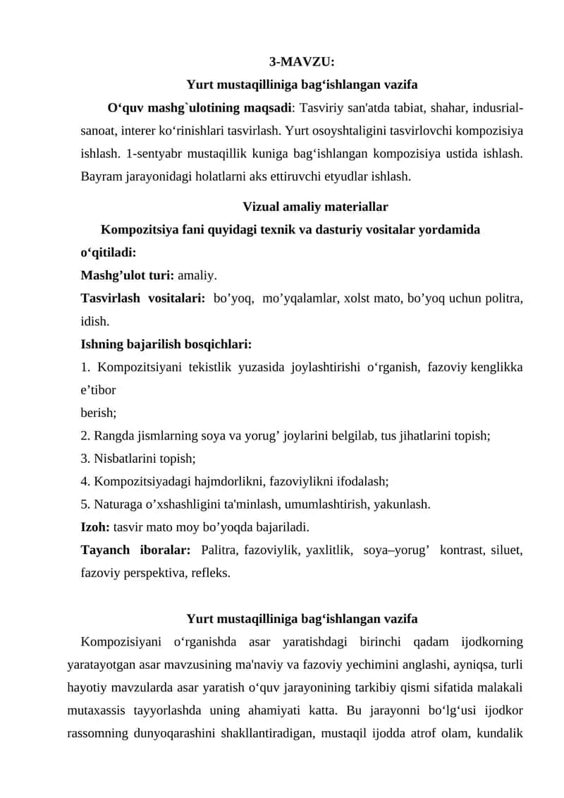 Yurt mustaqilliniga bag‘ishlangan vazifa