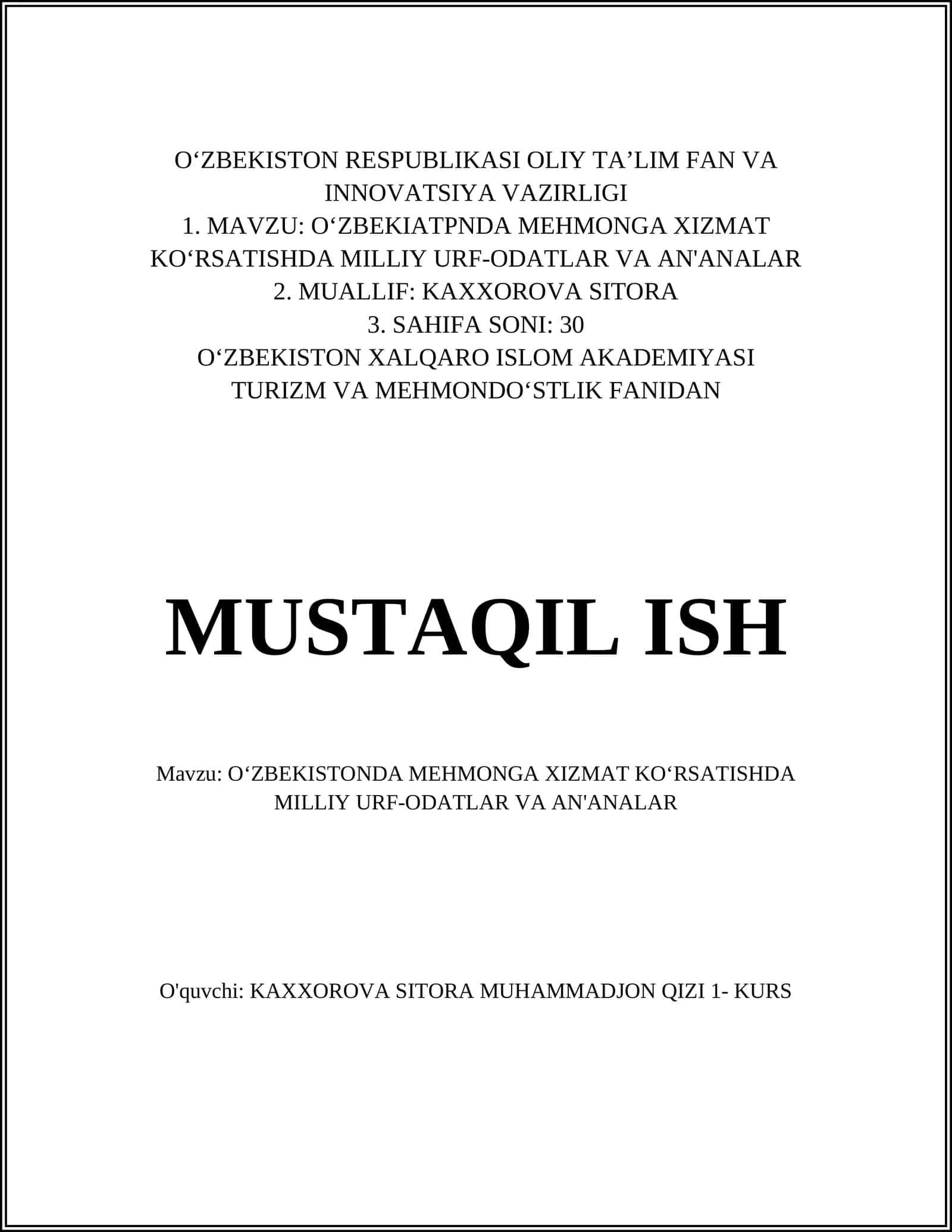 Oʻzbekistonda mehmonga xizmat koʻrsatishda milliy urf-odatlar va an'analar