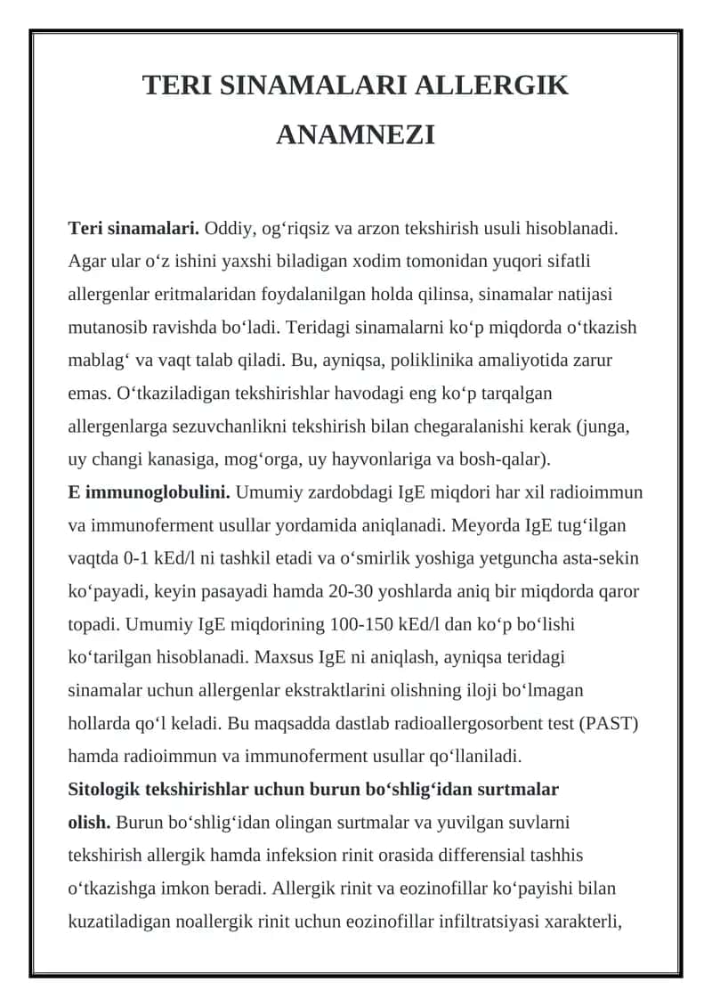 TERI SINAMALARI ALLERGIK ANAMNEZI