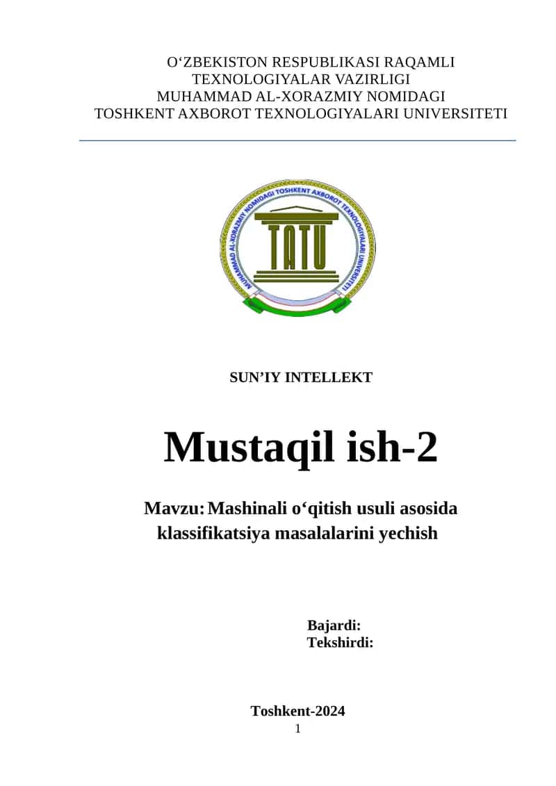 Mashinali o‘qitish usuli asosida klassifikatsiya masalalarini yechish