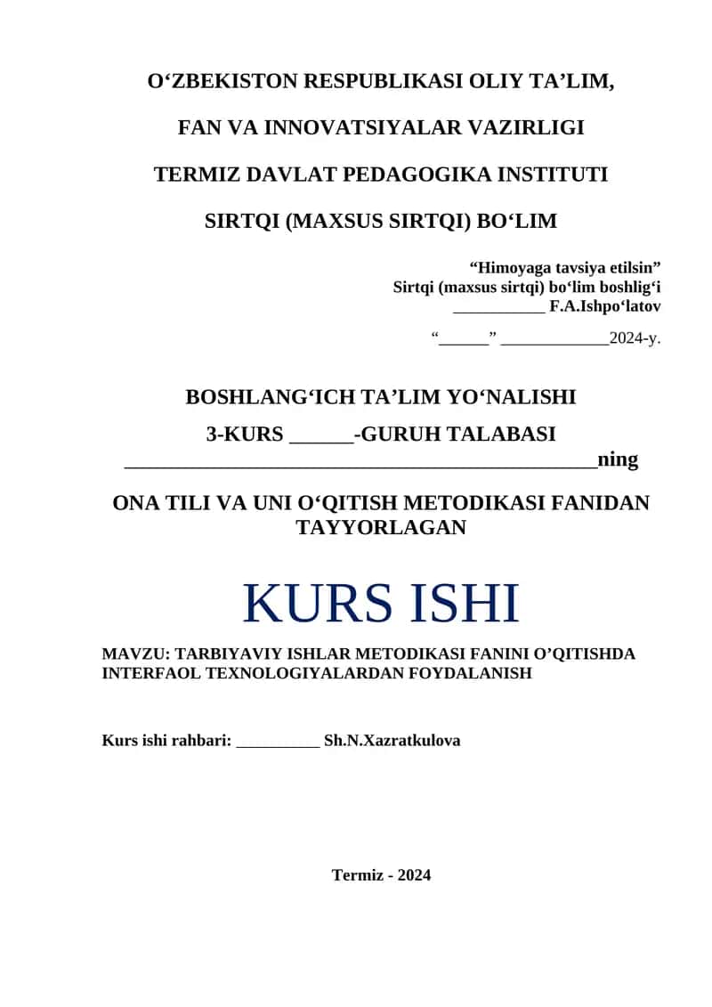 TARBIYAVIY ISHLAR METODIKASI FANINI O’QITISHDA INTERFAOL TEXNOLOGIYALARDAN FOYDALANISH