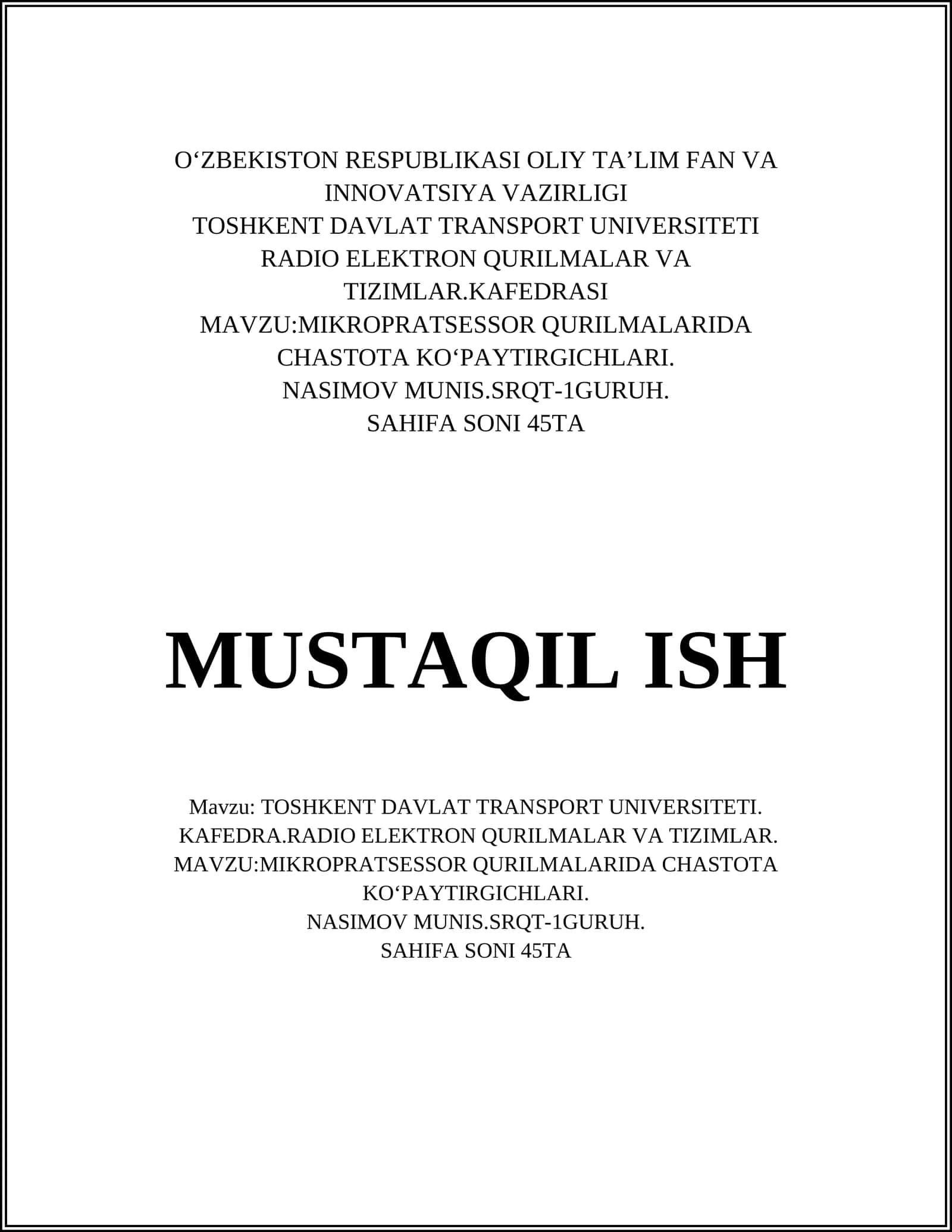 MIKROPRATSESSOR QURILMALARIDA CHASTOTA KO‘PAYTIRGICHLARI