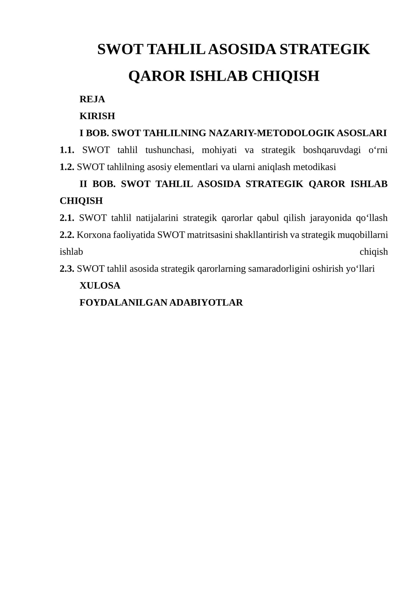 SWOT TAHLIL ASOSIDA STRATEGIK QAROR ISHLAB CHIQISH