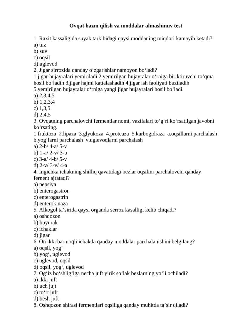 Ovqat hazm qilish va moddalar almashinuv test