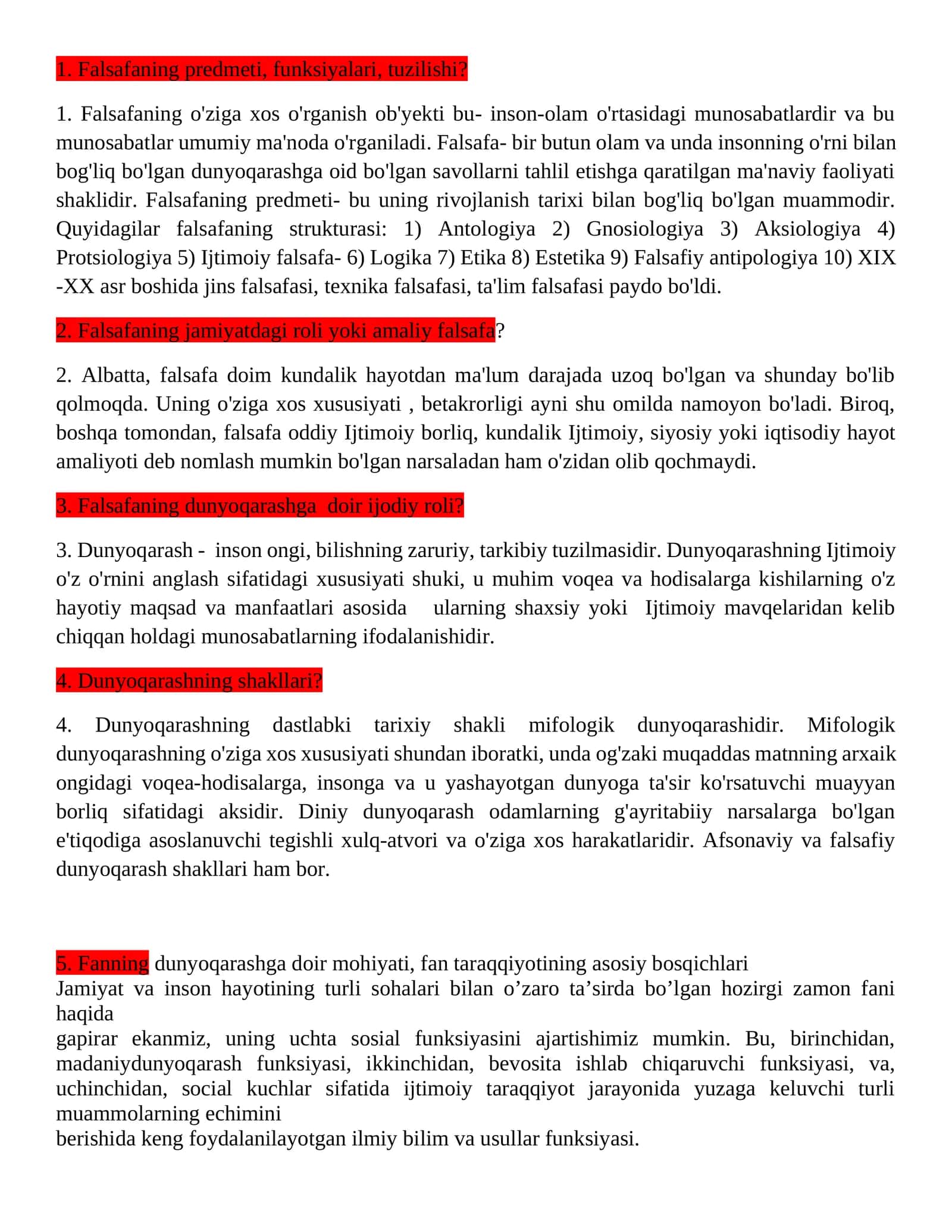 Falsafaning predmeti, funksiyalari, tuzilishi