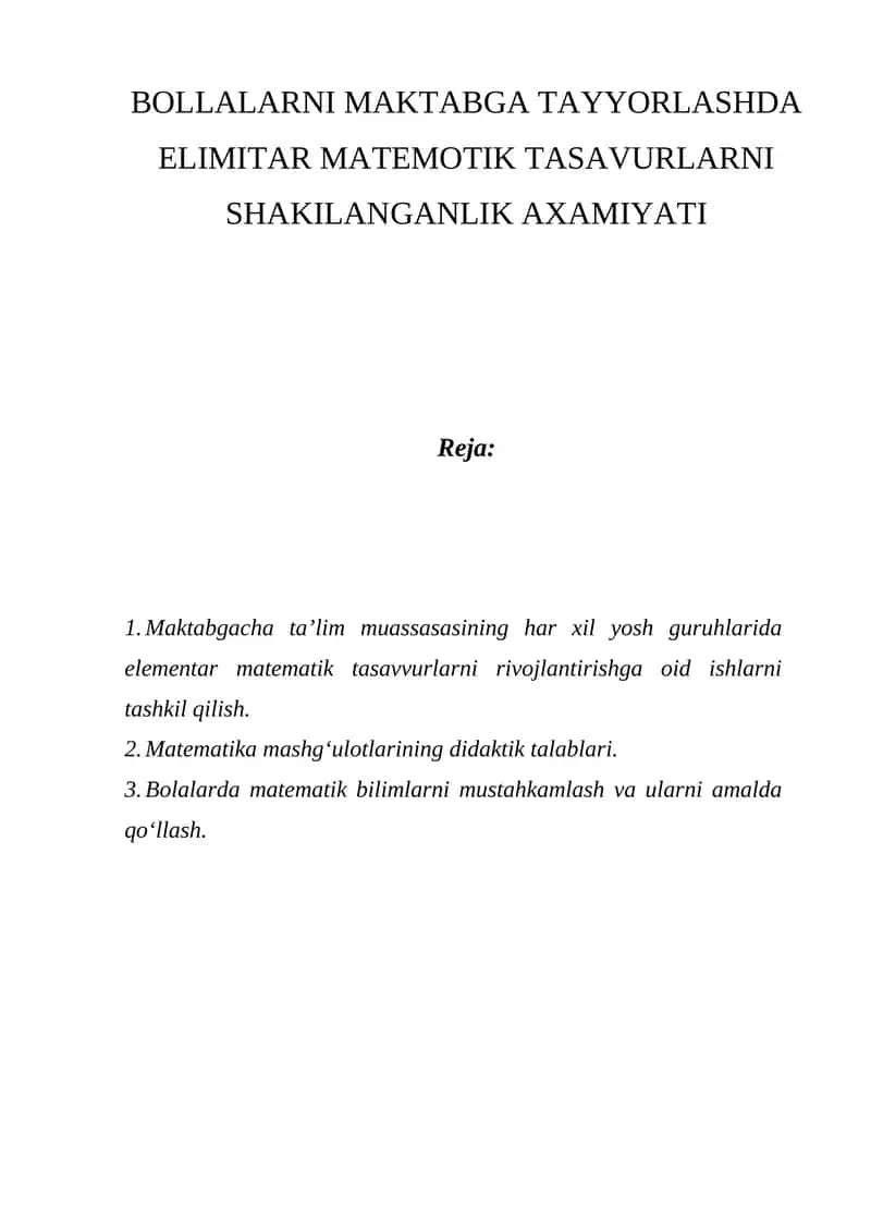 Elementar matematik tasavvurlarni rivojlantirish