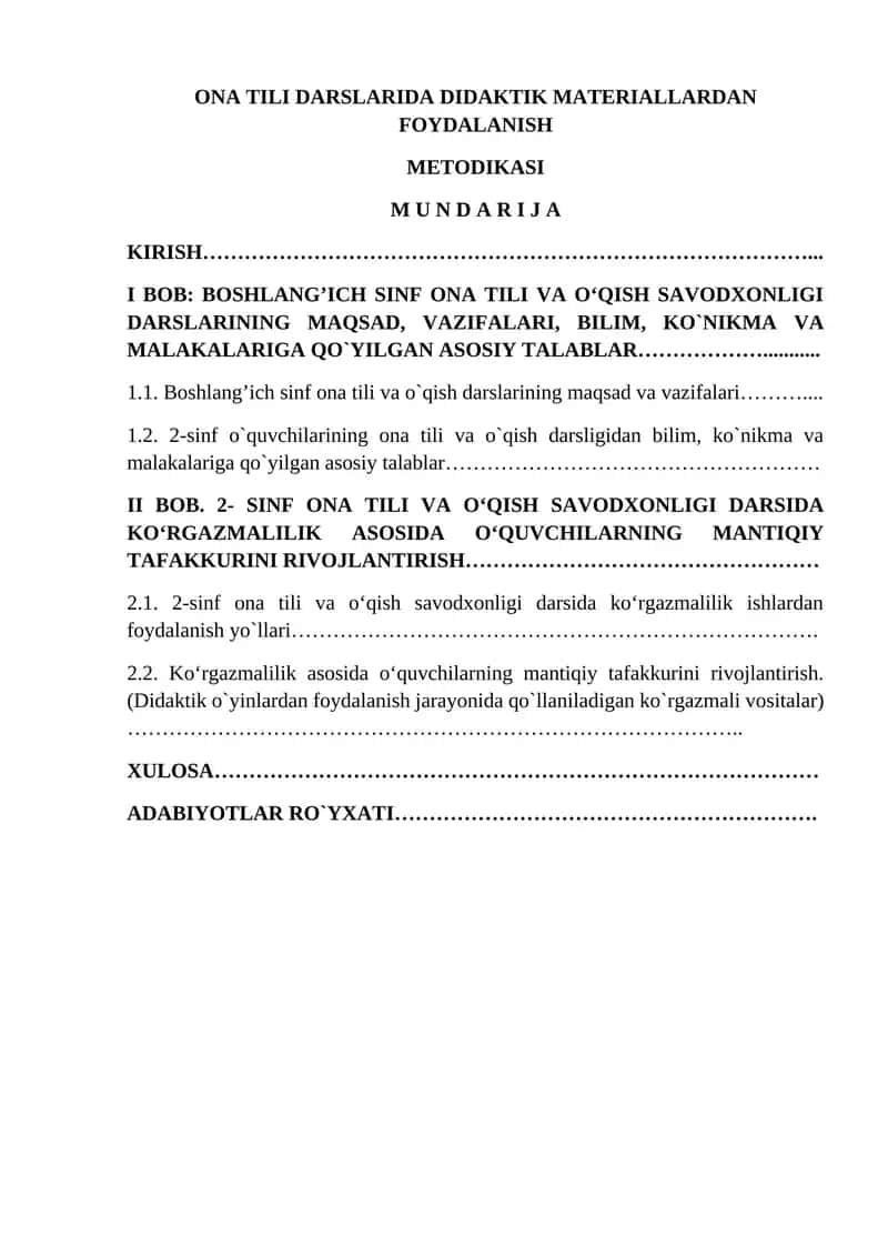 ONA TILI DARSLARIDA DIDAKTIK MATERIALLARDAN FOYDALANISH METODIKASI