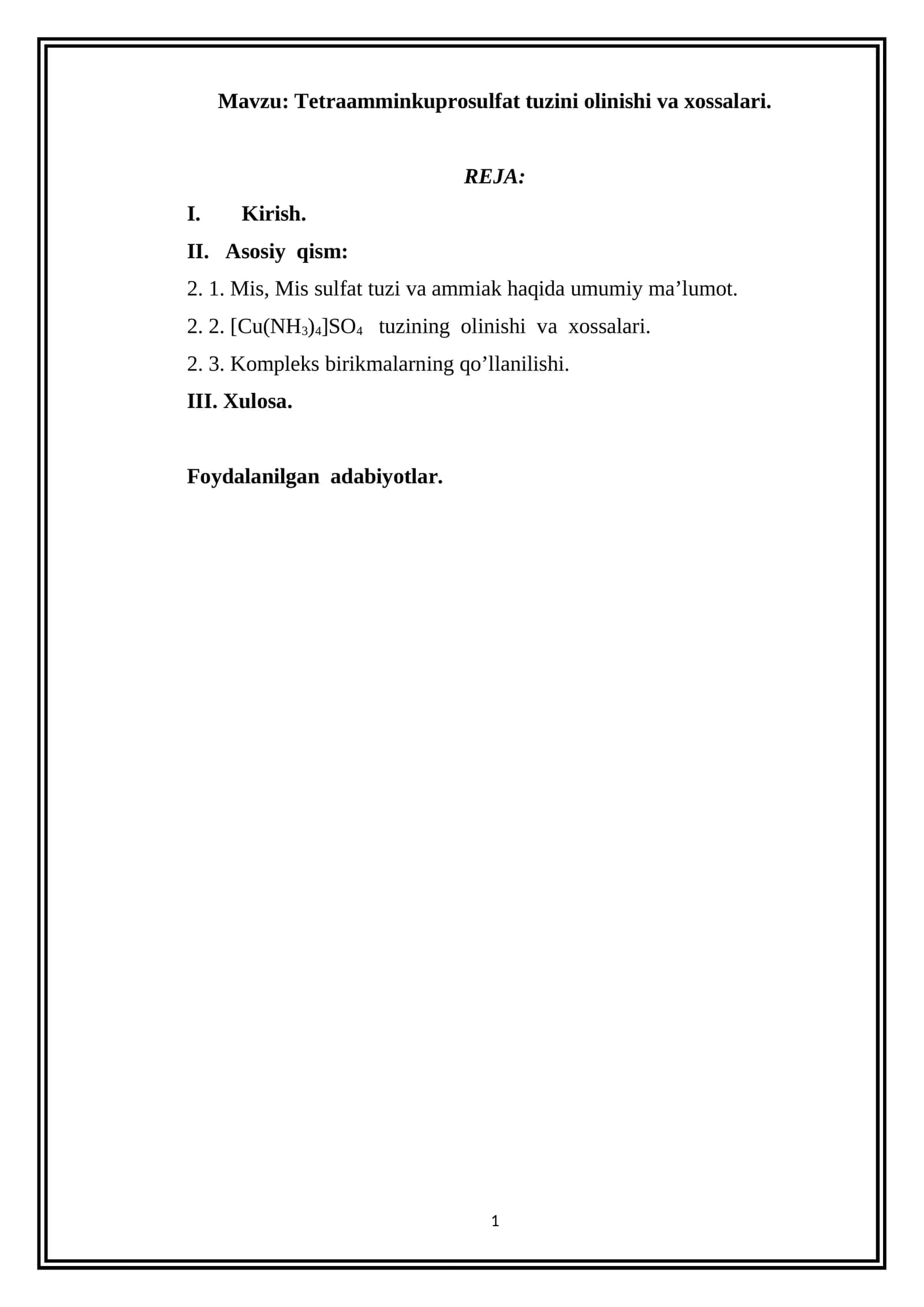 Tetraamminkuprosulfat tuzini olinishi va xossalari