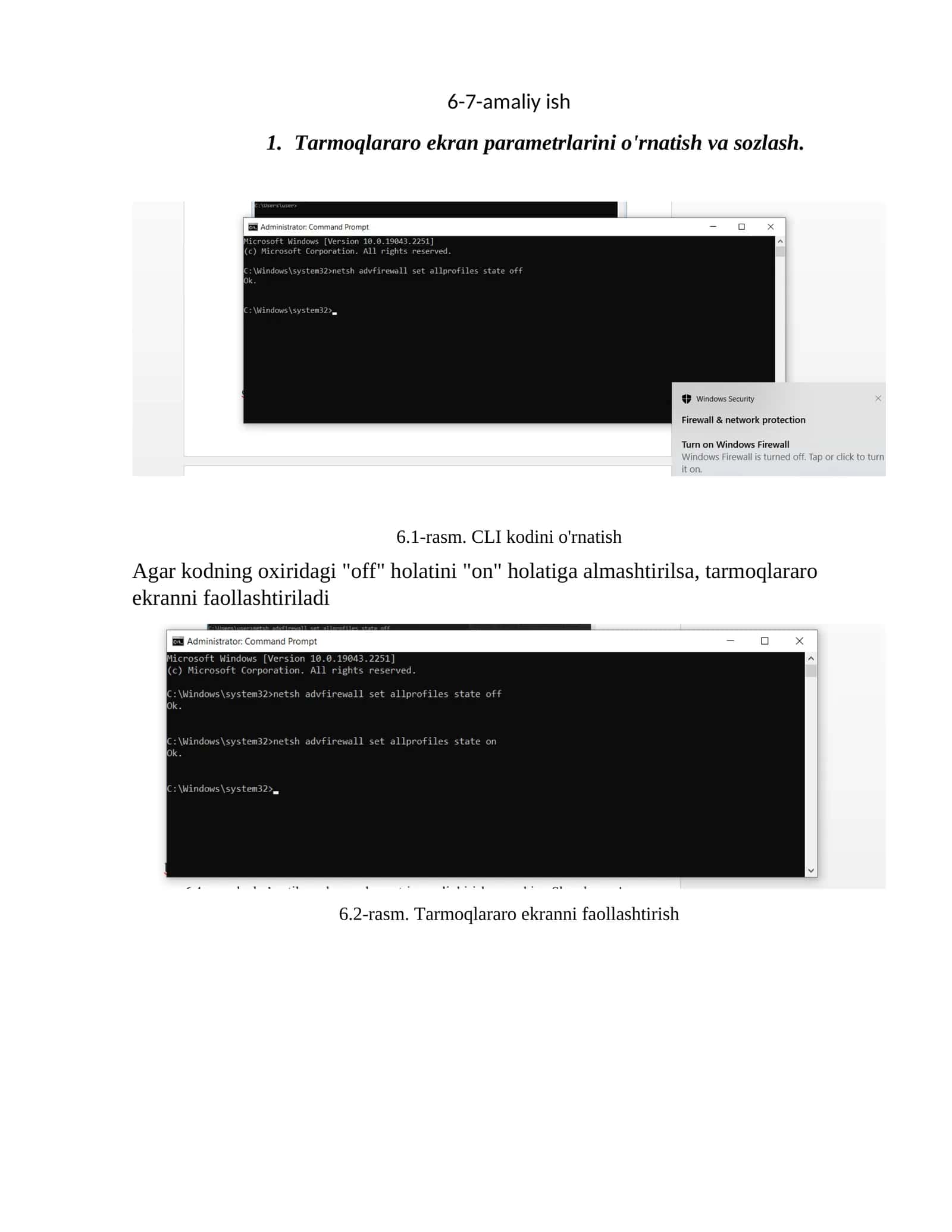 Tarmoqlararo ekran parametrlarini o'rnatish va sozlash