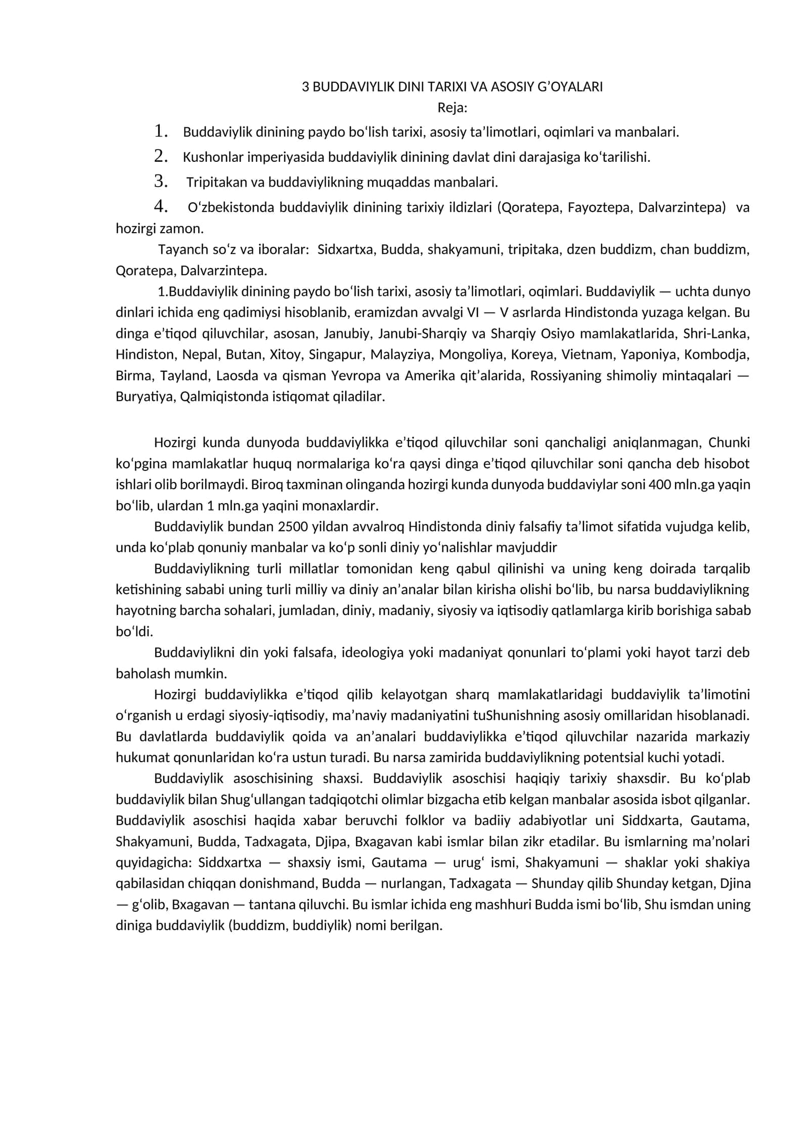 3 BUDDAVIYLIK DINI TARIXI VA ASOSIY G’OYALARI