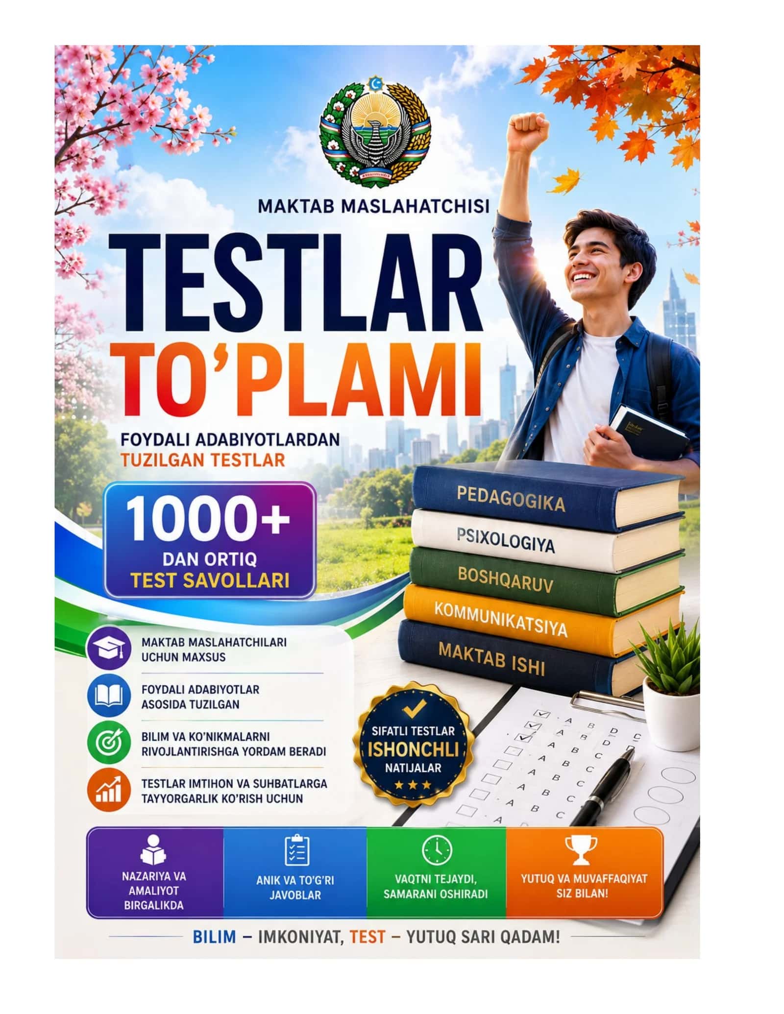 Maktab maslaxatchisi 1000 ta test javoblari bilan