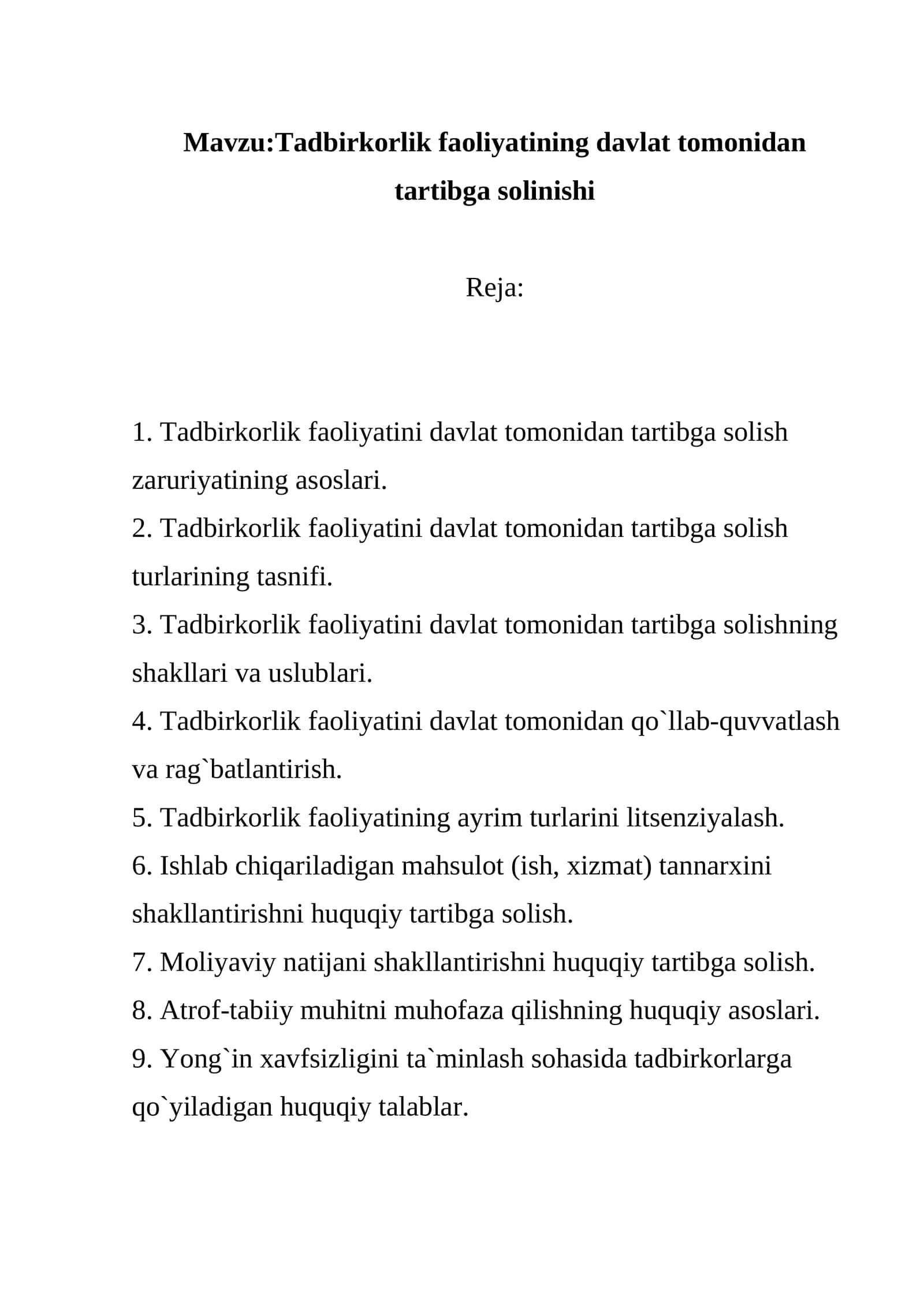 Tadbirkorlik faoliyatining davlat tomonidan tartibga solinishi