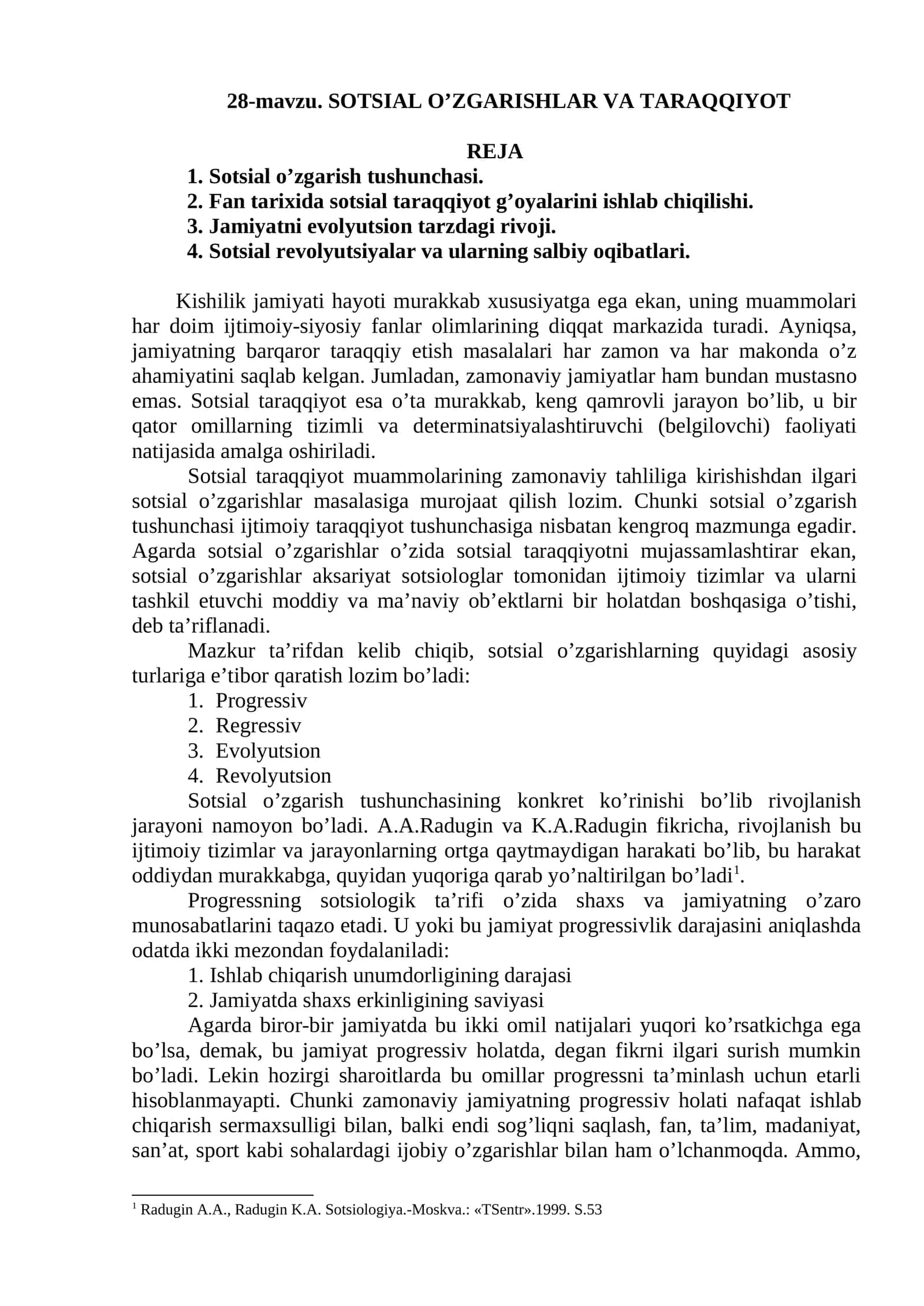 SOTSIAL O’ZGARISHLAR VA TARAQQIYOT