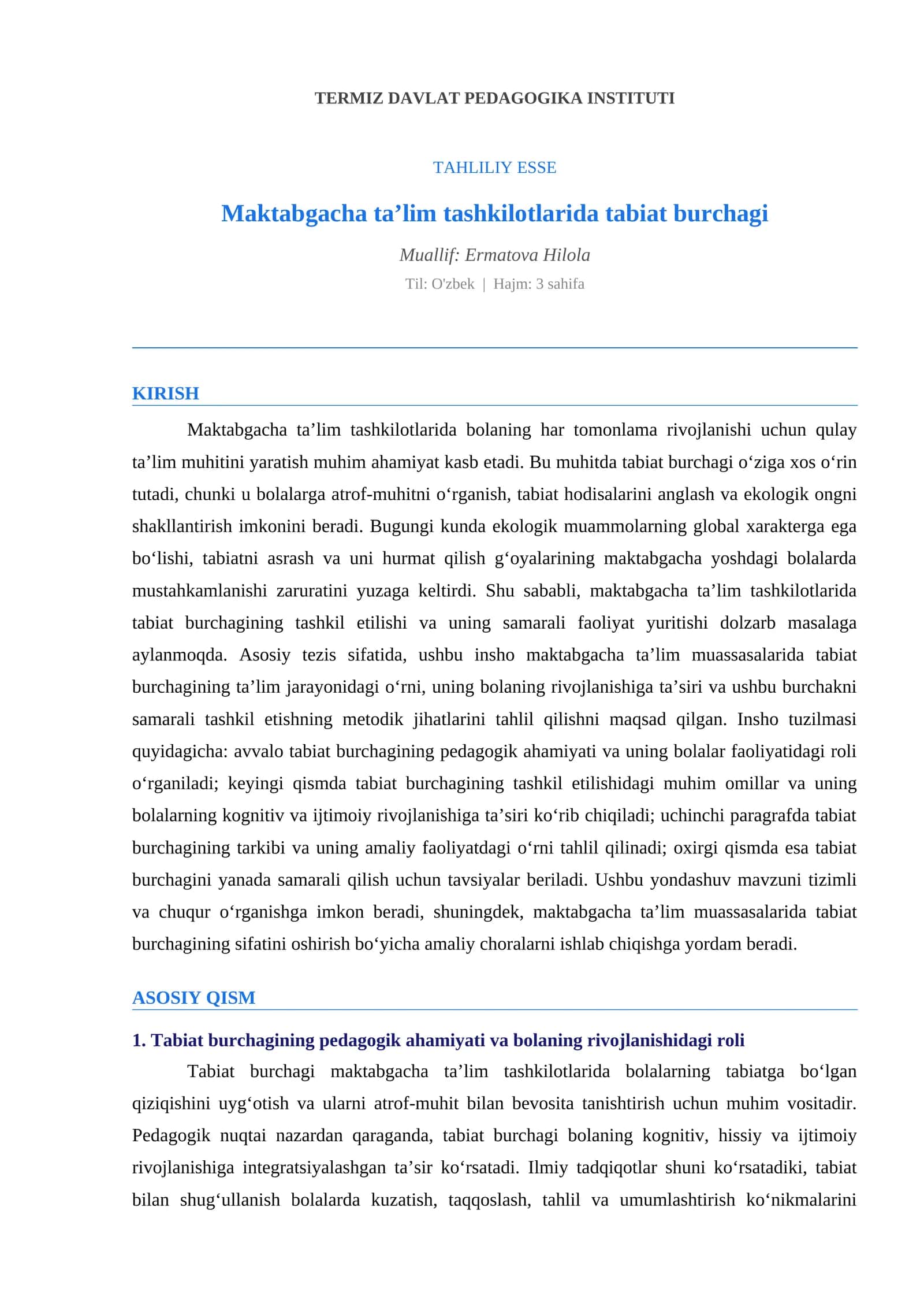 Maktabgacha taʼlim tashkilotlarida tabiat burchagi