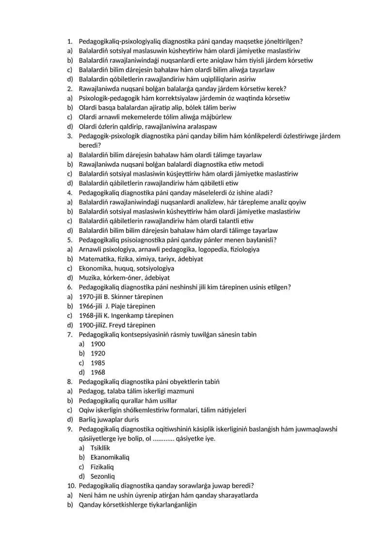 Pedagogikaliq-psixologiyaliq diagnostika testlar