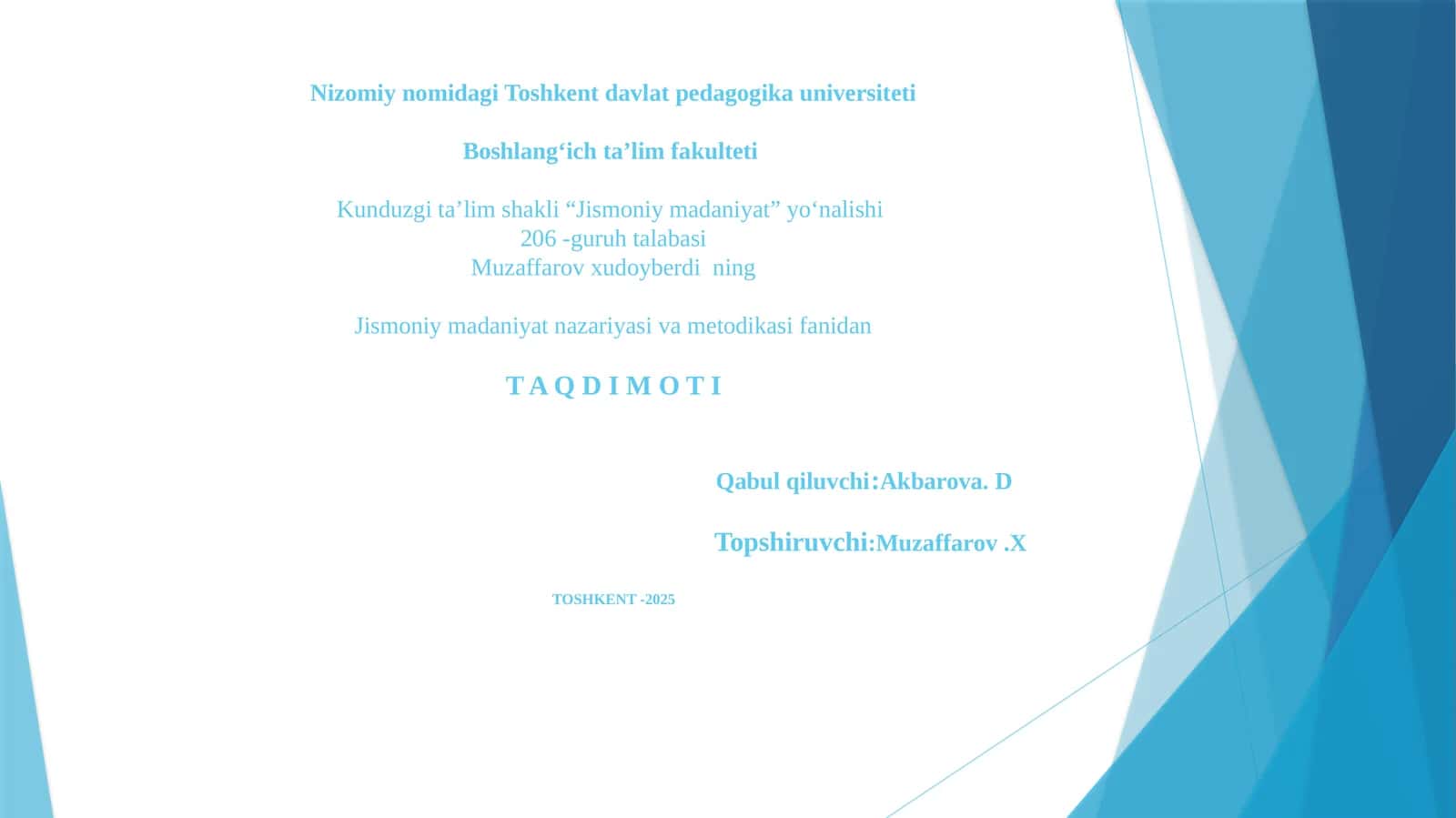 Jismoniy madaniyat nazariyasi va metodikasi fanidan TAQDIMOT