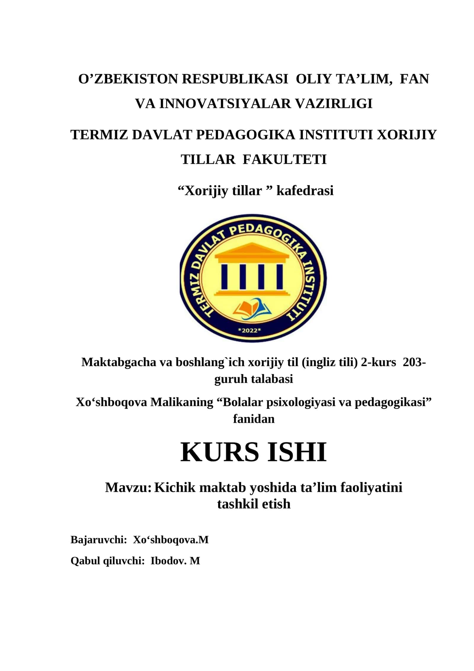 Kichik maktab yoshida ta’lim faoliyatini tashkil etish