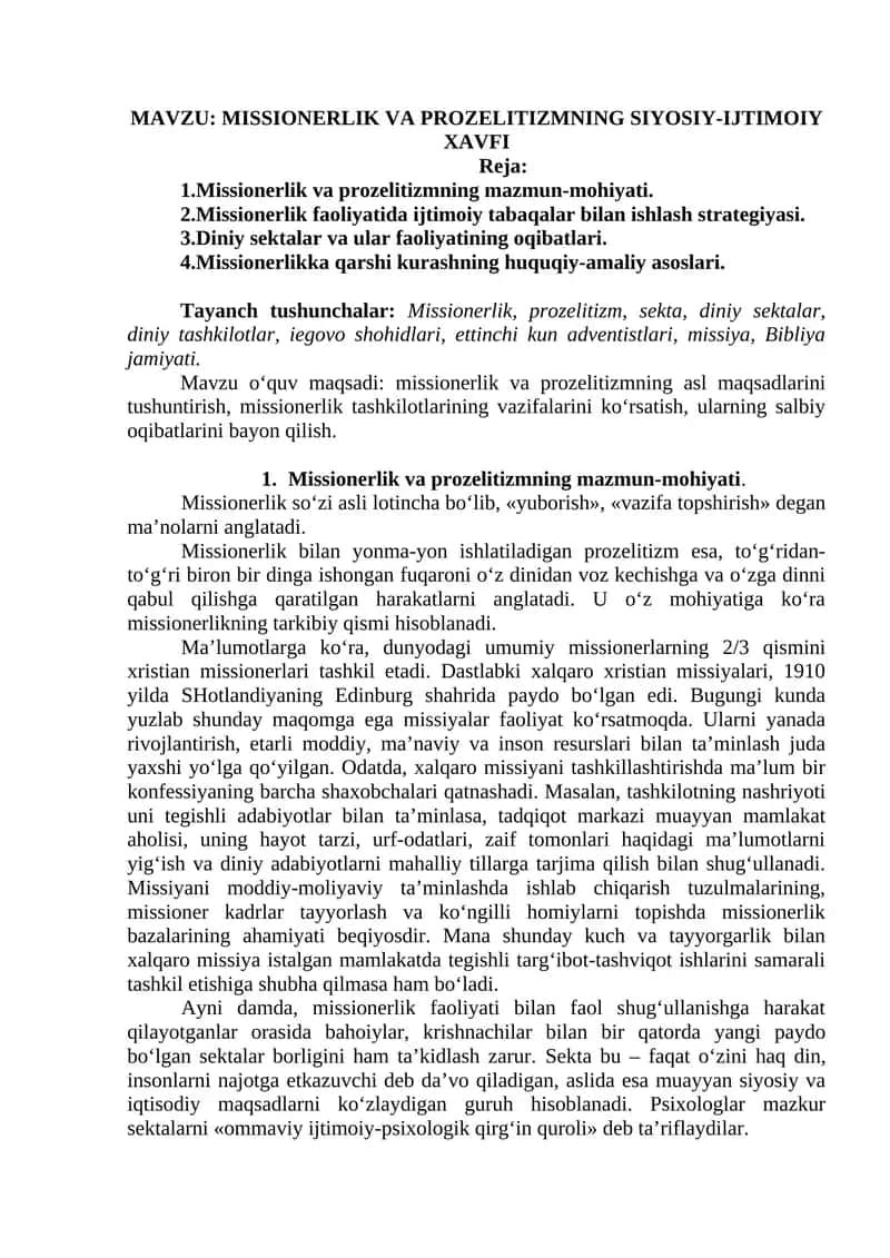 Missionerlik va prozelitizmning siyosiy - ijtimoiy xavfi.