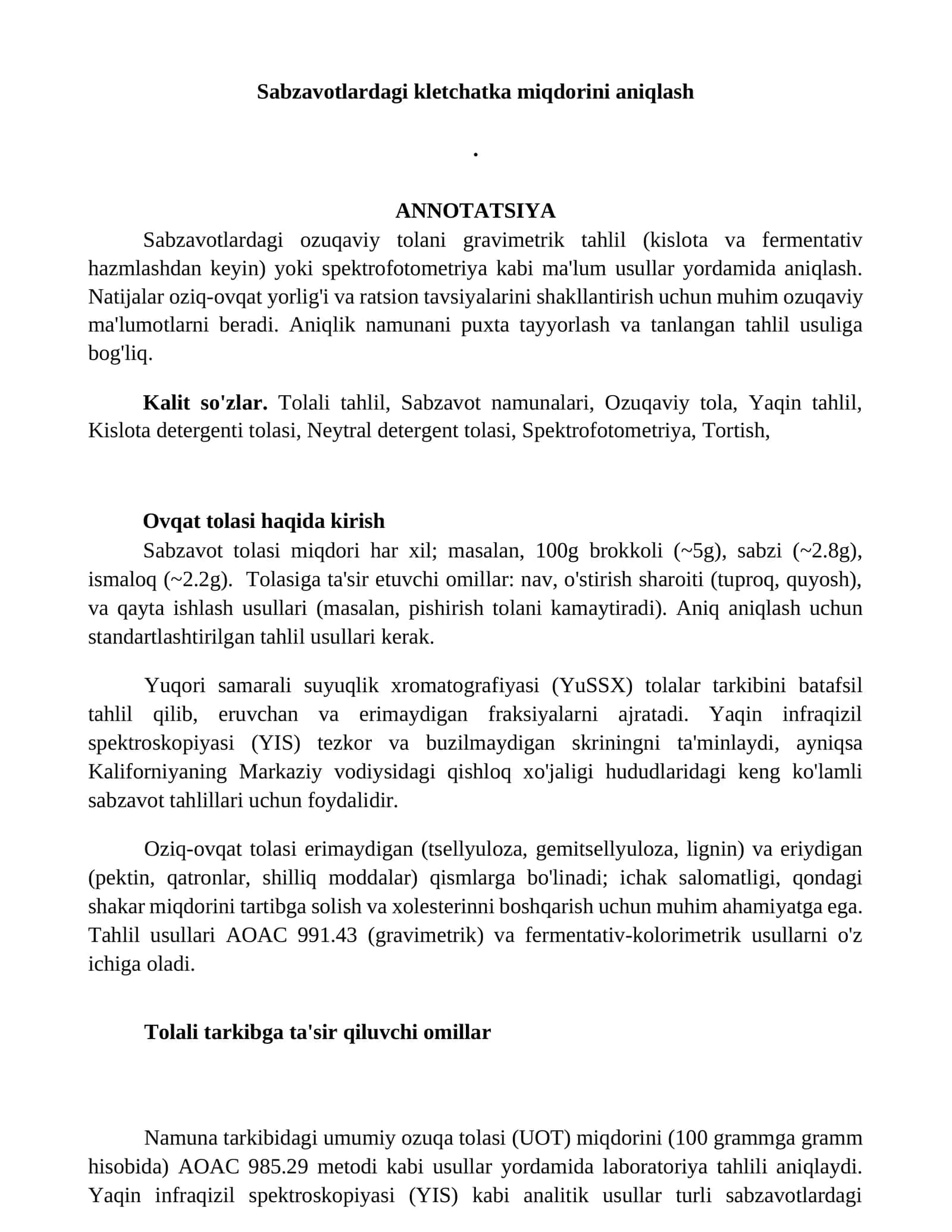 Sabzavotlardagi kletchatka miqdorini aniqlash