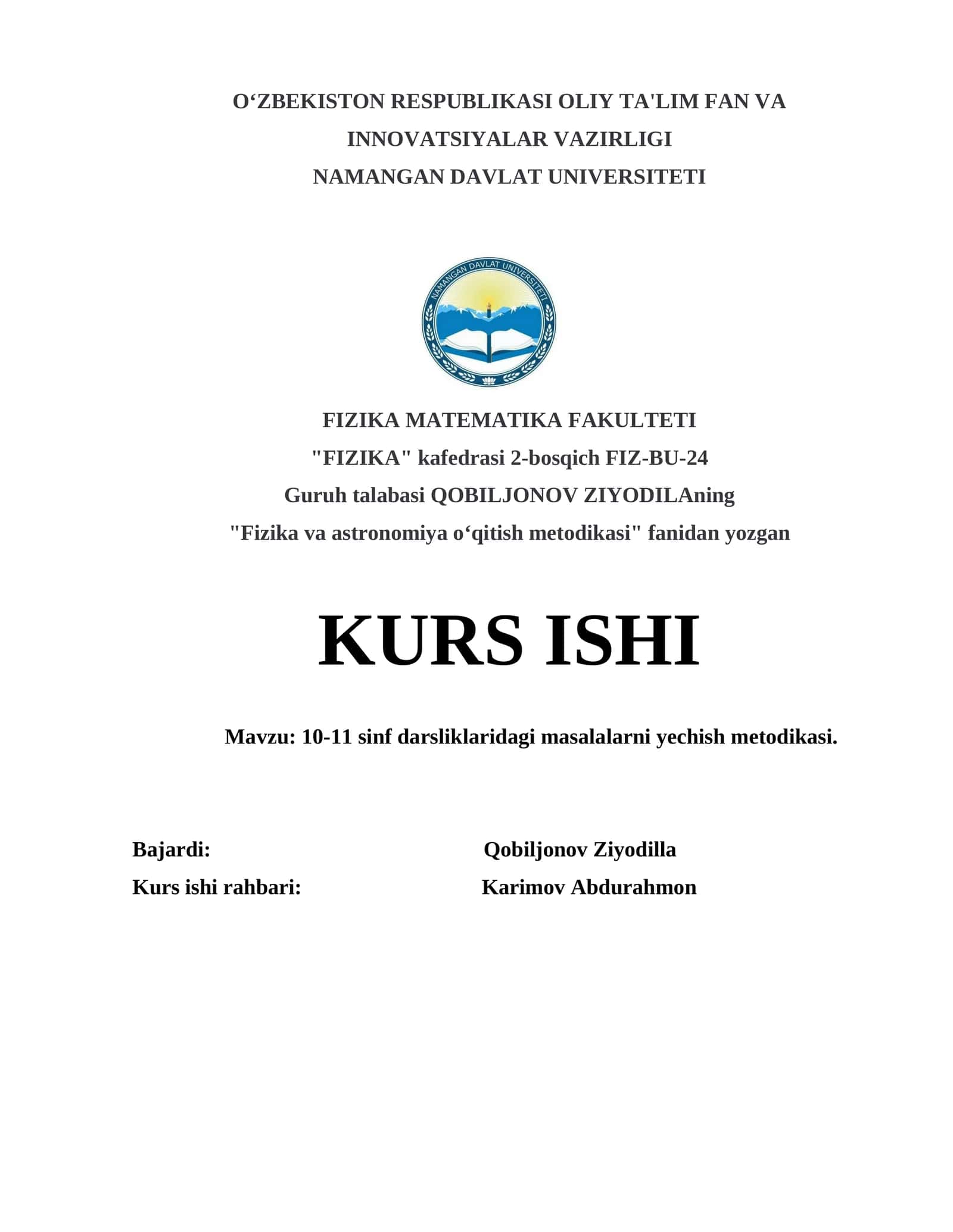 10-11 sinf darsliklaridagi masalalarni yechish metodikasi