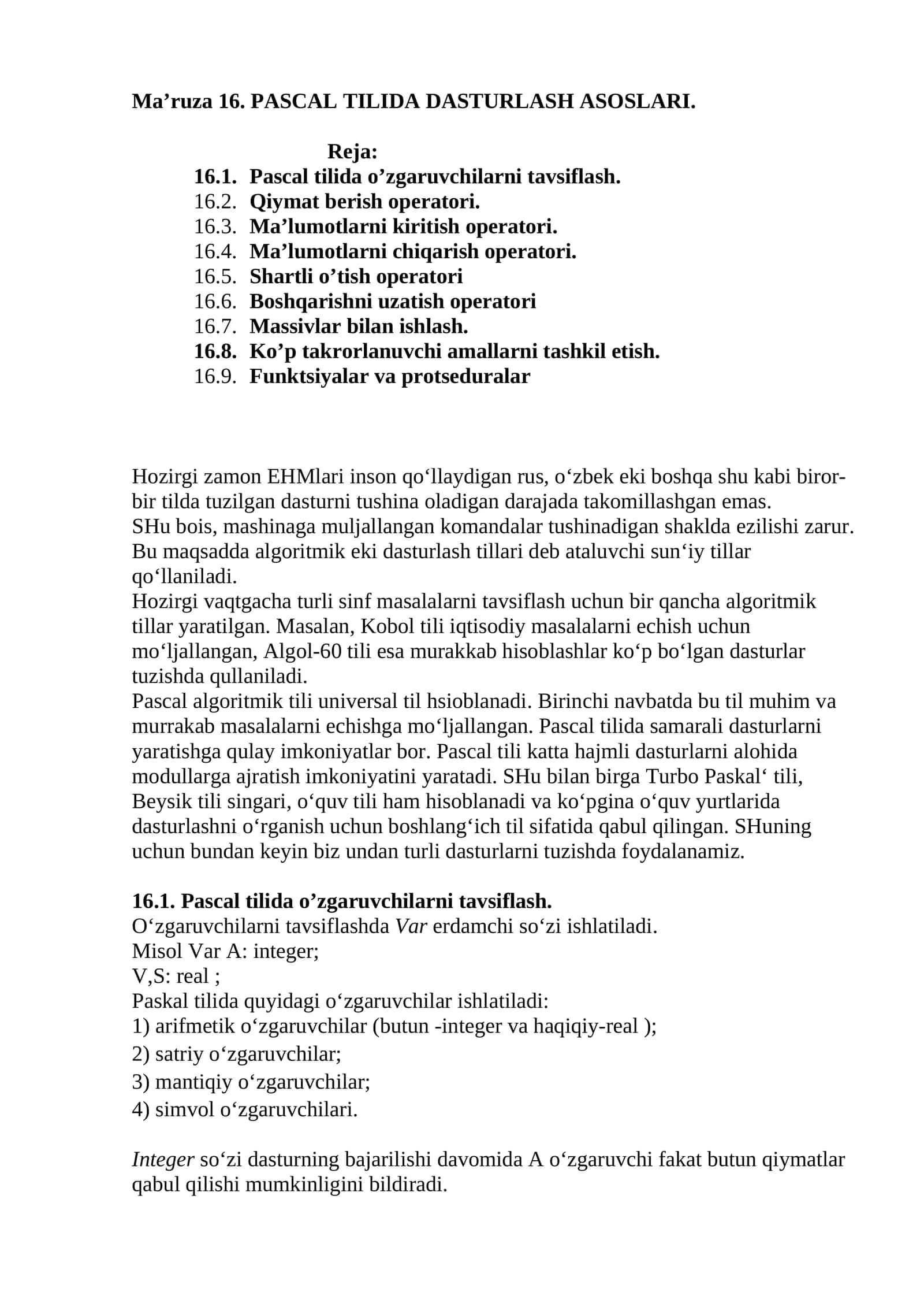 PASCAL TILIDA DASTURLASH ASOSLARI
