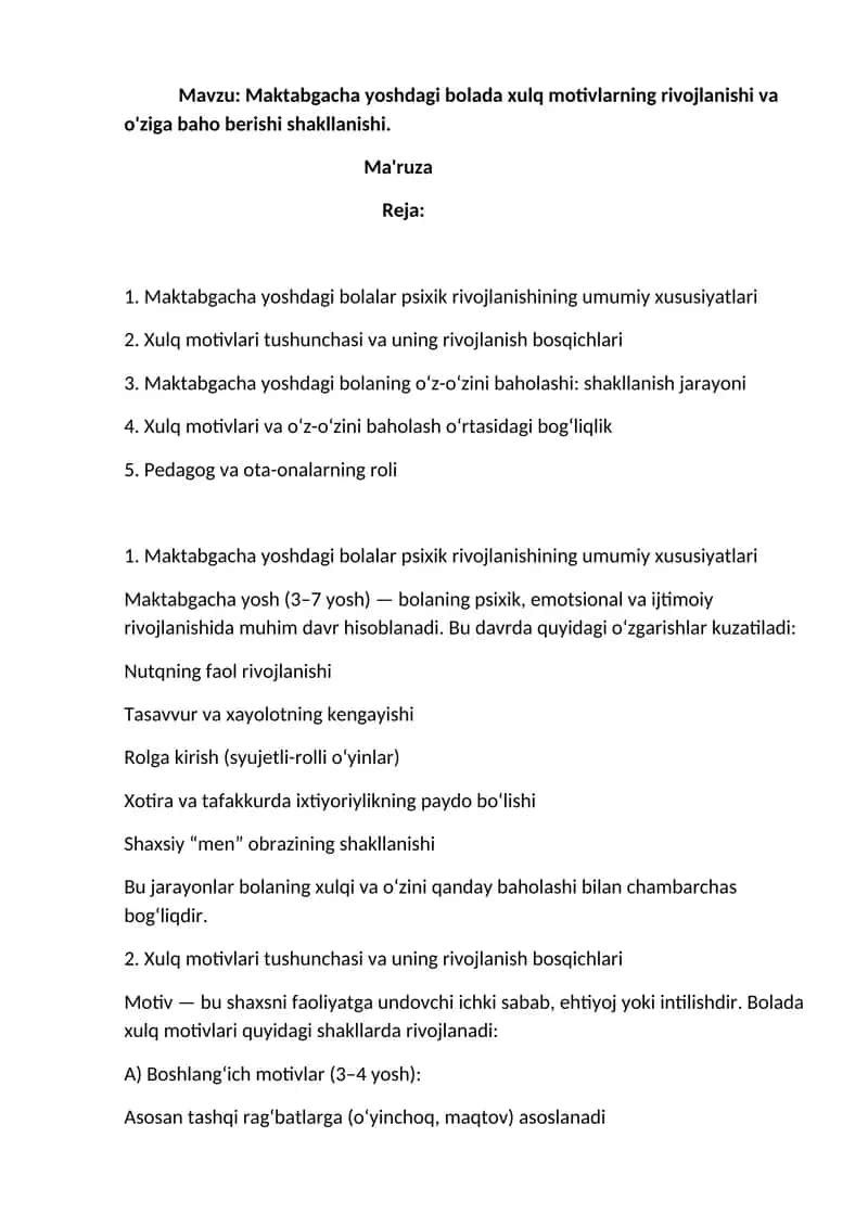 Maktabgacha Yoshdagi Bolalar Xulq Motivlarning Rivojlanishi