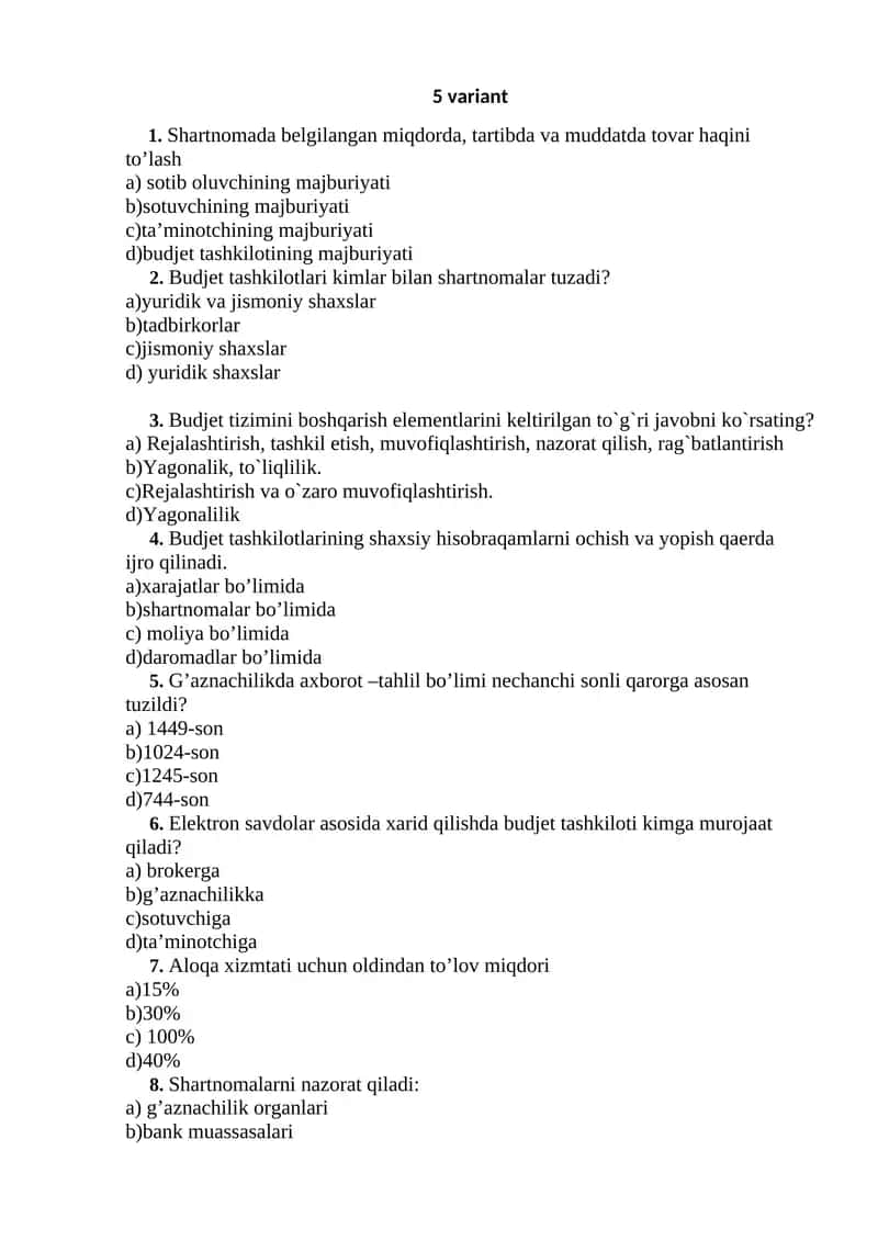 G'aznachilik tizimining asosiy xususiyatlari