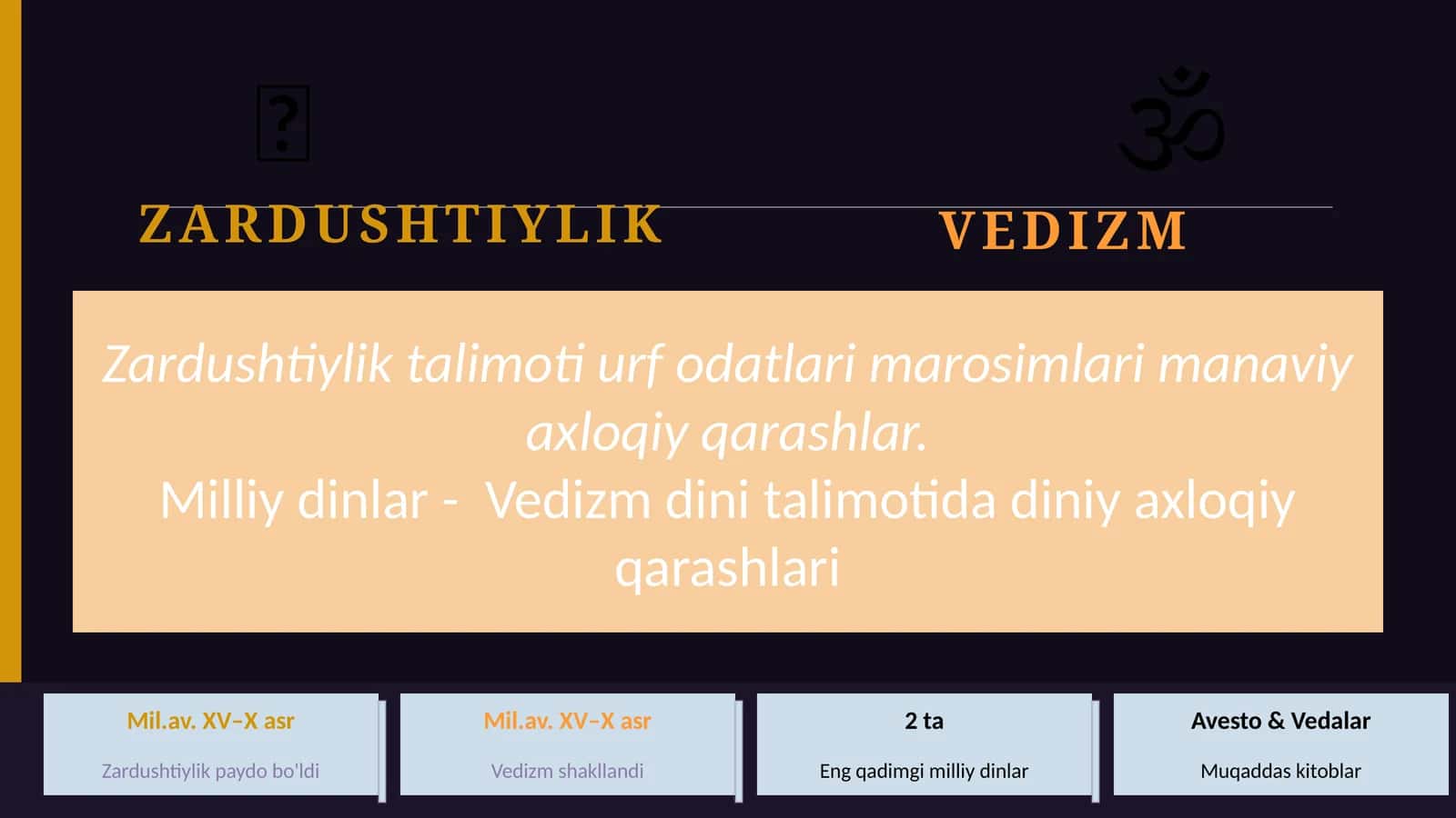 Zardushtiylik talimoti urf odatlari marosimlari manaviy axloqiy qarashlar. Milliy dinlar - Vedizm dini talimotida diniy axloqiy qarashlari slayd