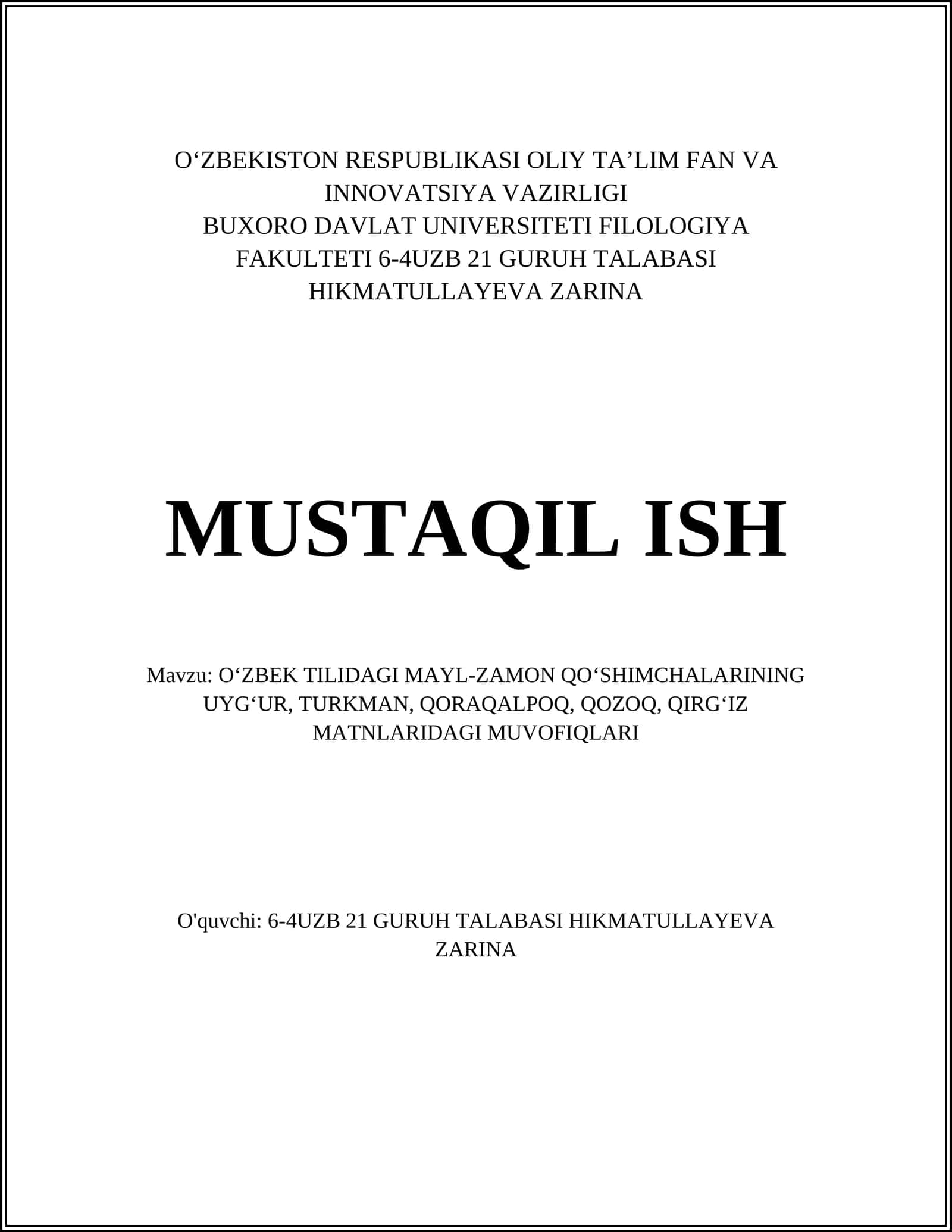 Oʻzbek Tilidagi Mayl-Zamon Qoʻshimchalarining Muvofiglari