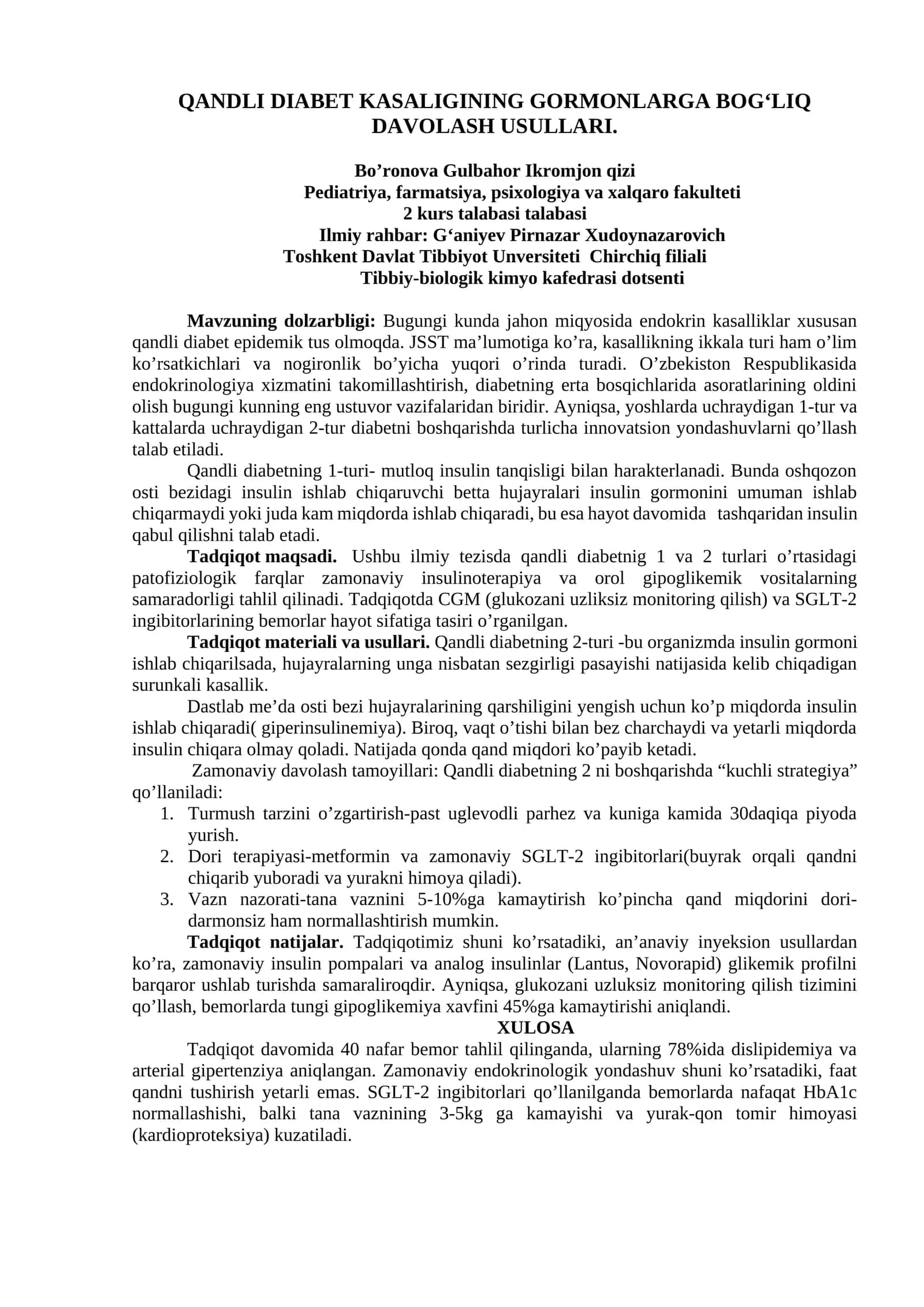 QANDLI DIABET KASALIGINING GORMONLARGA BOG‘LIQ DAVOLASH USULLARI