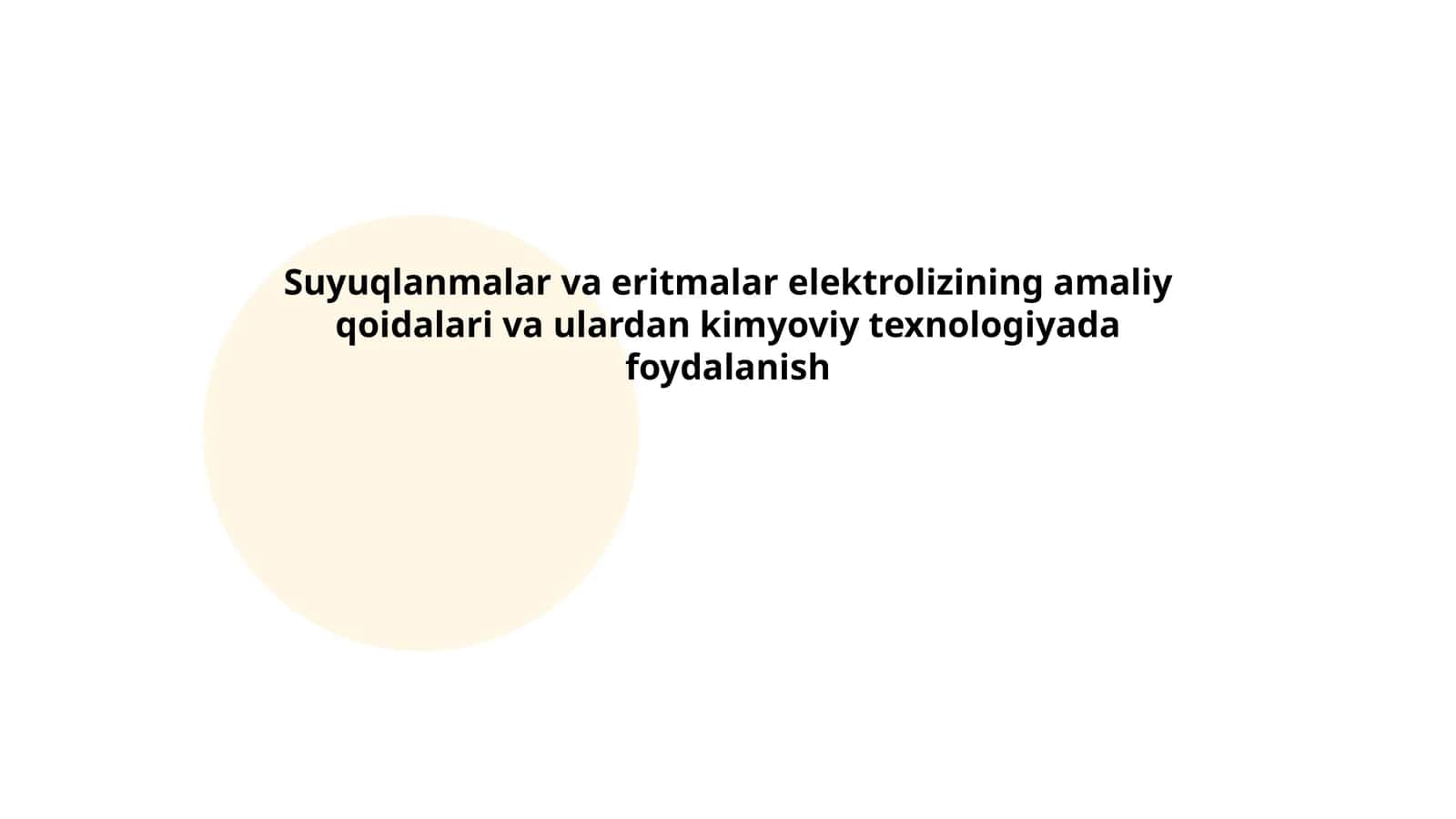 Suyuqlanmalar va eritmalar elektrolizining amaliy qoidalari va ulardan kimyoviy texnologiyada foydalanish by Abduvaliyeva Laylo