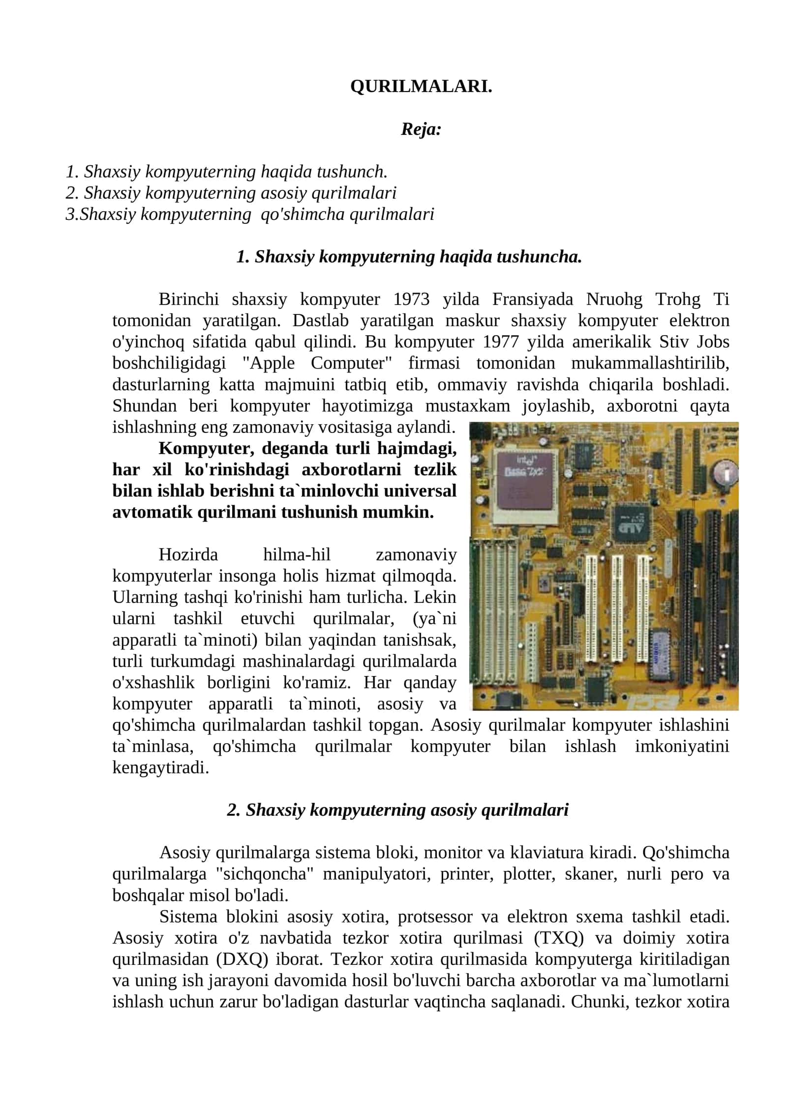 Shaxsiy kompyuterning asosiy qurilmalari