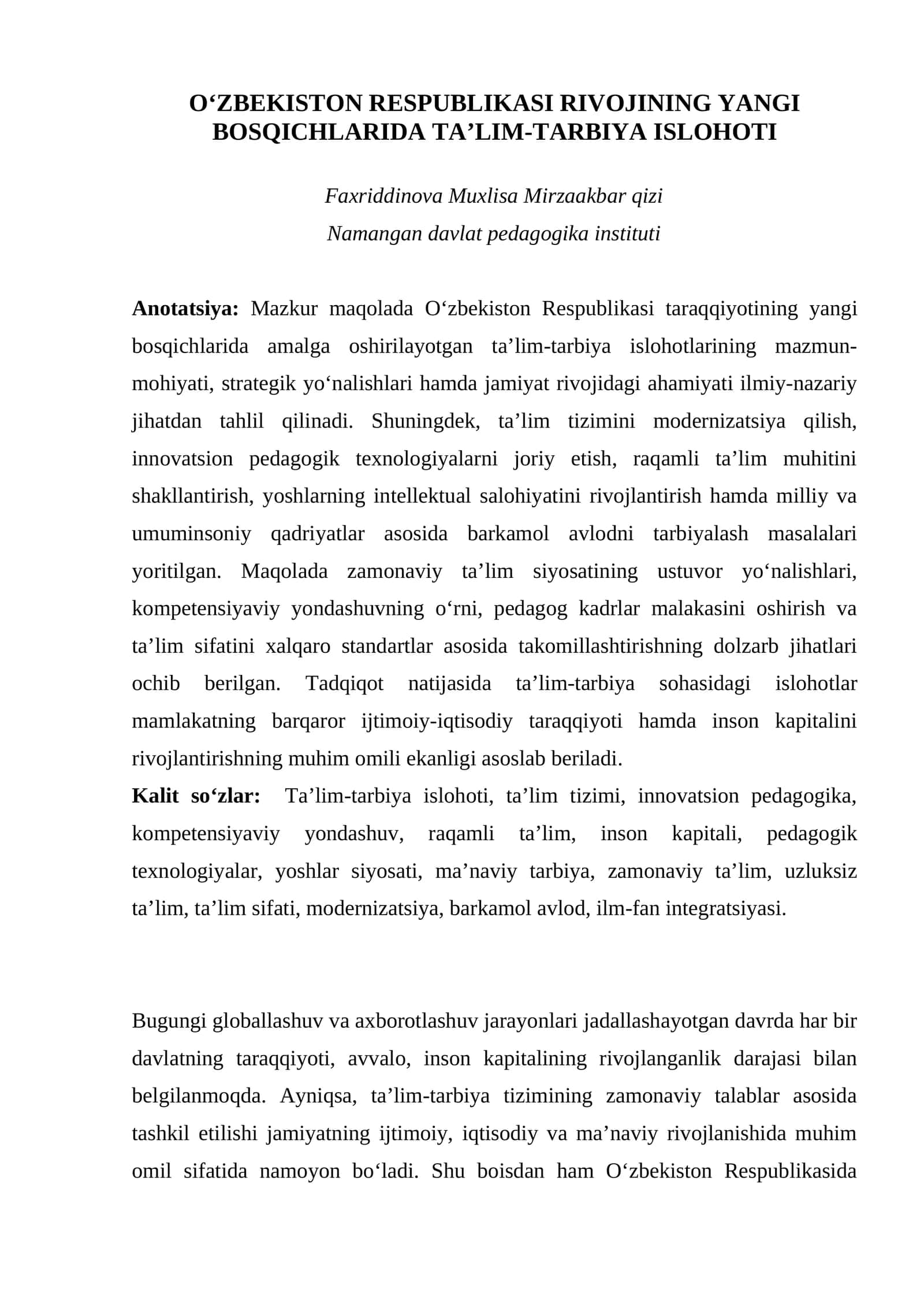 O'ZBEKISTON RESPUBLIKASI RIVOJINING YANGI BOSQICHLARI