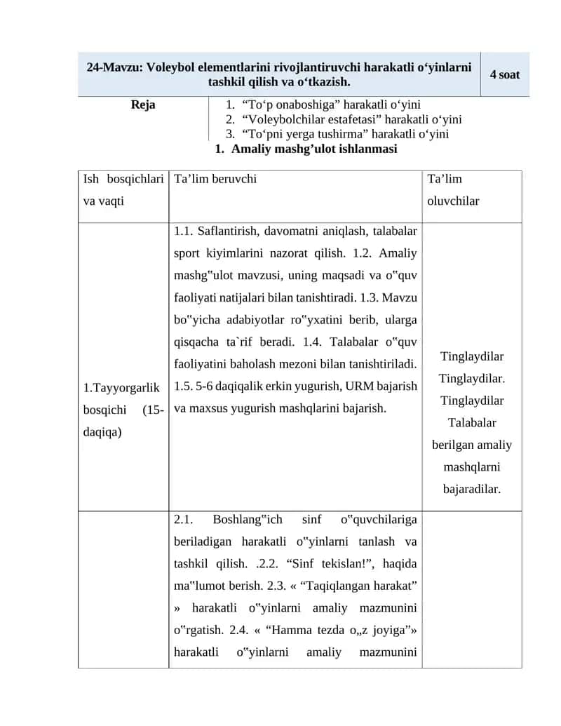 Voleybol elementlarini rivojlantiruvchi harakatli o‘yinlarni tashkil qilish va o‘tkazish