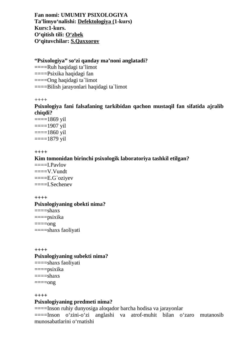 UMUMIY PSIXOLOGIYA test