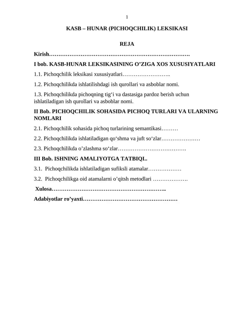 KASB – HUNAR (PICHOQCHILIK) LEKSIKASI