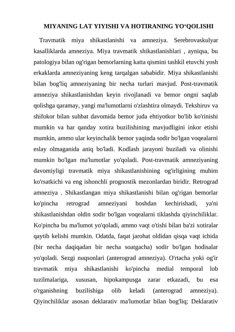 MIYANING LAT YIYISHI VA HOTIRANING YOʻQOLISHI