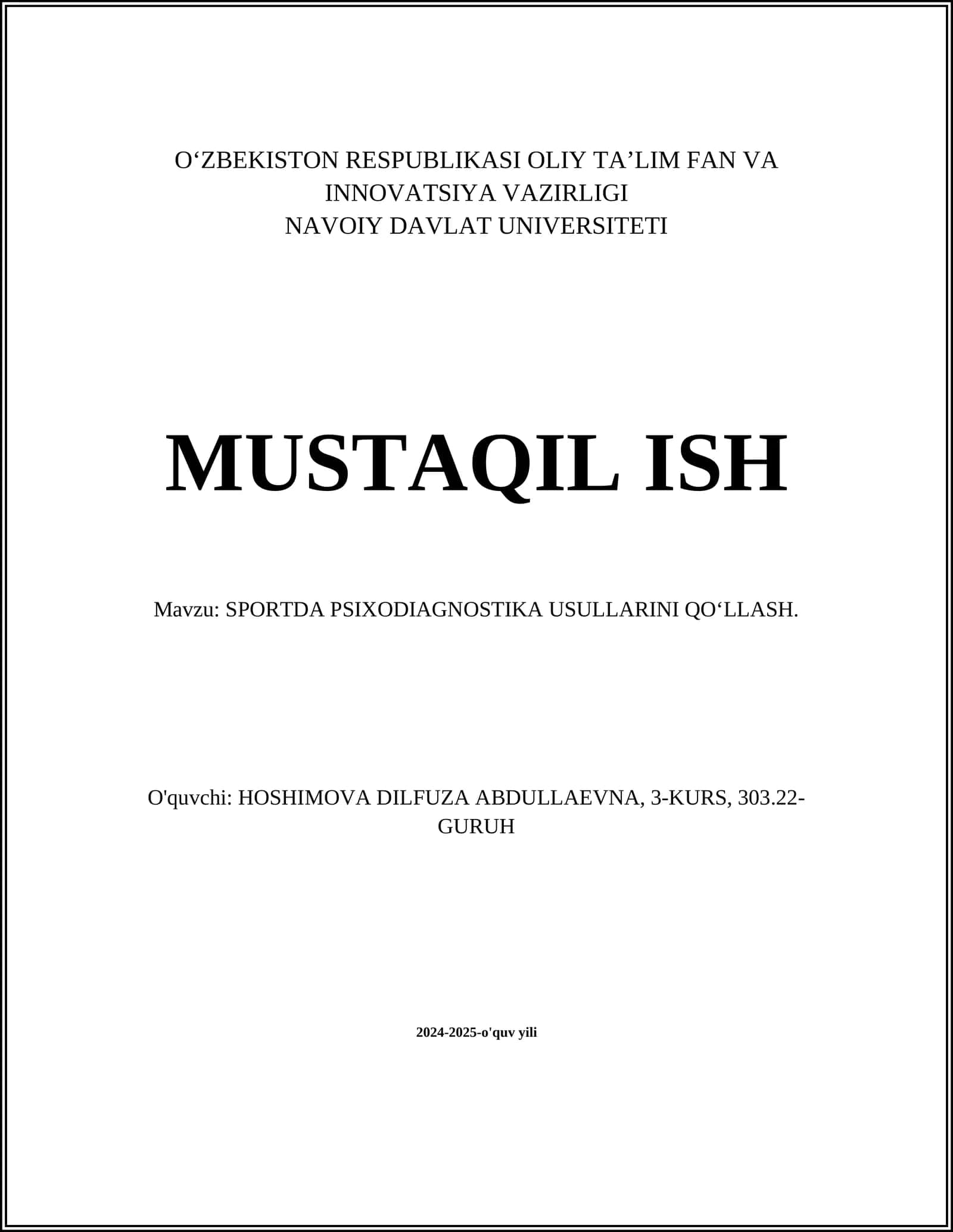 SPORTDA PSIXODIAGNOSTIKA USULLARINI QO'LLASH