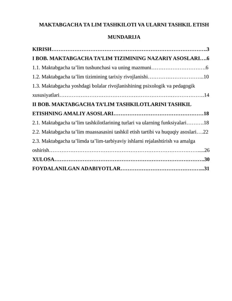 MAKTABGACHA TA LIM TASHKILOTI VA ULARNI TASHKIL ETISH